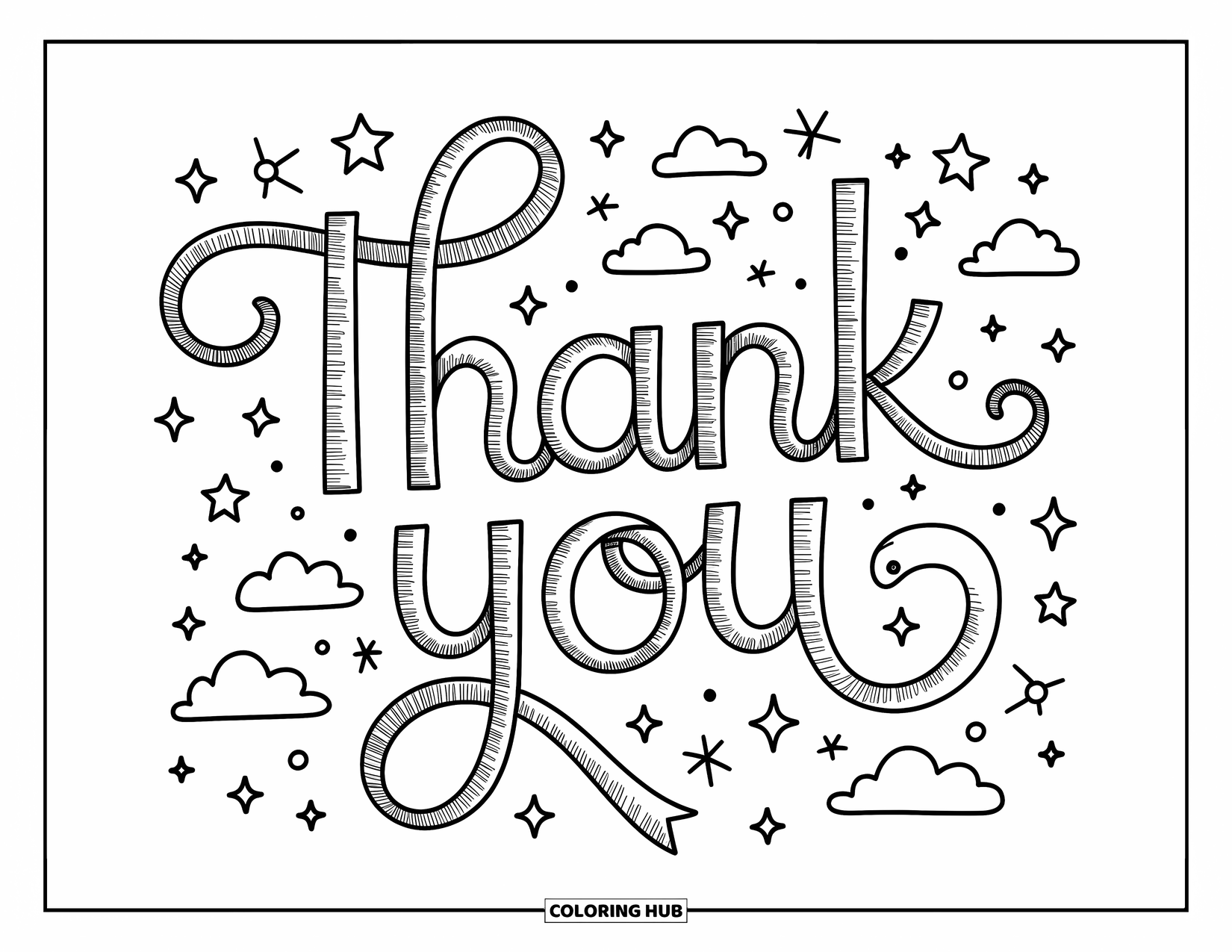 Thank You Coloring Page for Adults: "Thank You" swirls with ribbons and bows surrounded by stars, gems, and playful little doodles
