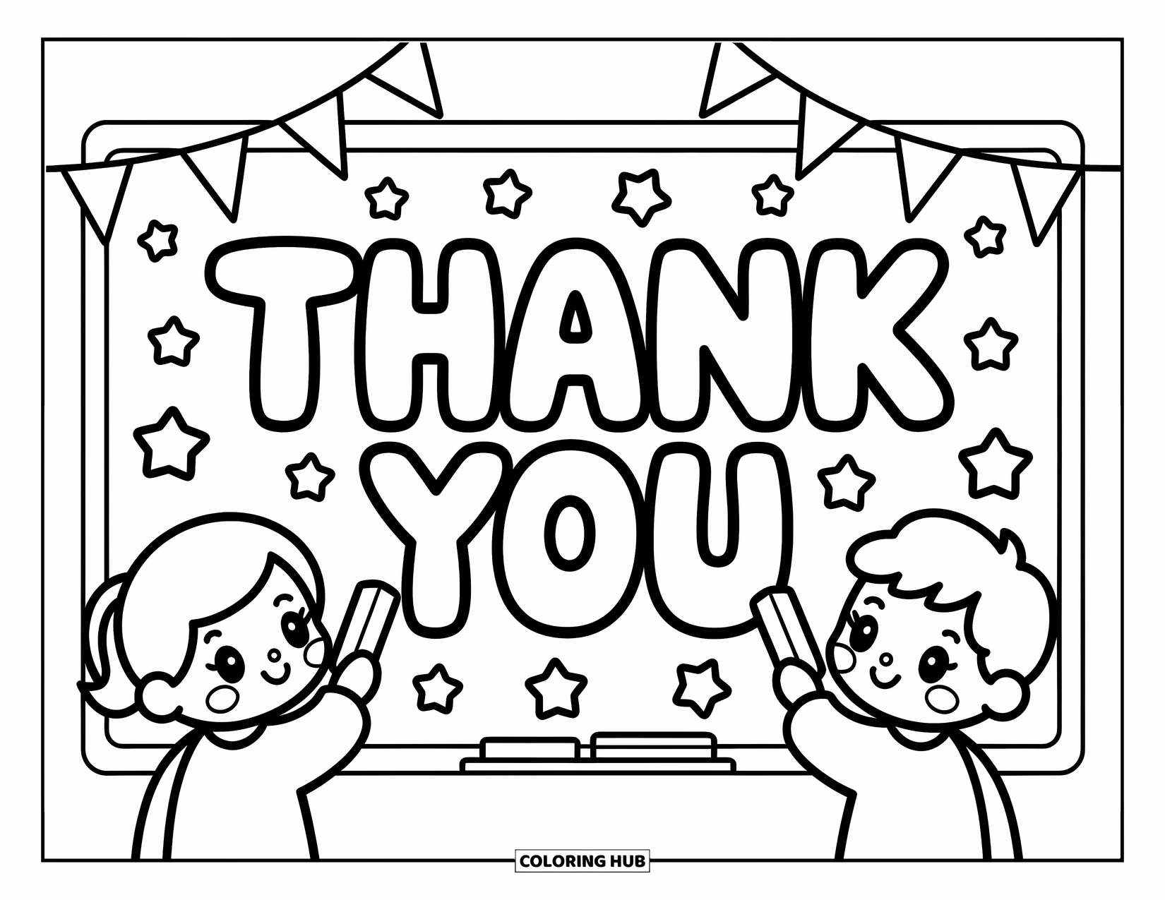 Thank You Coloring Page for Adults: Two cheerful kids draw stars and flowers around a chalkboard that says "Thank You