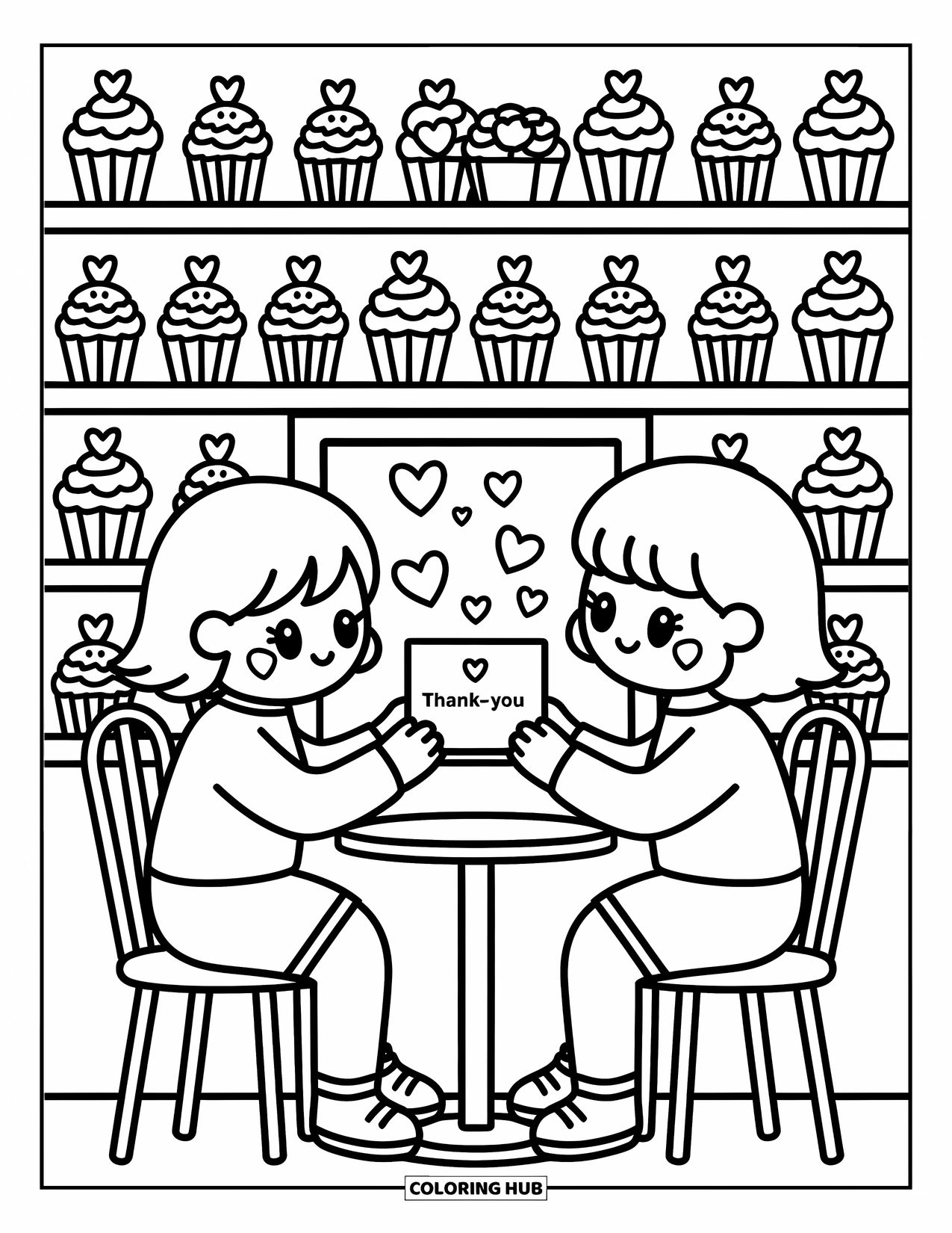 Thank You Coloring Page for Adults: Two friends share a thank-you card at a cozy café table with cupcakes and cute decor