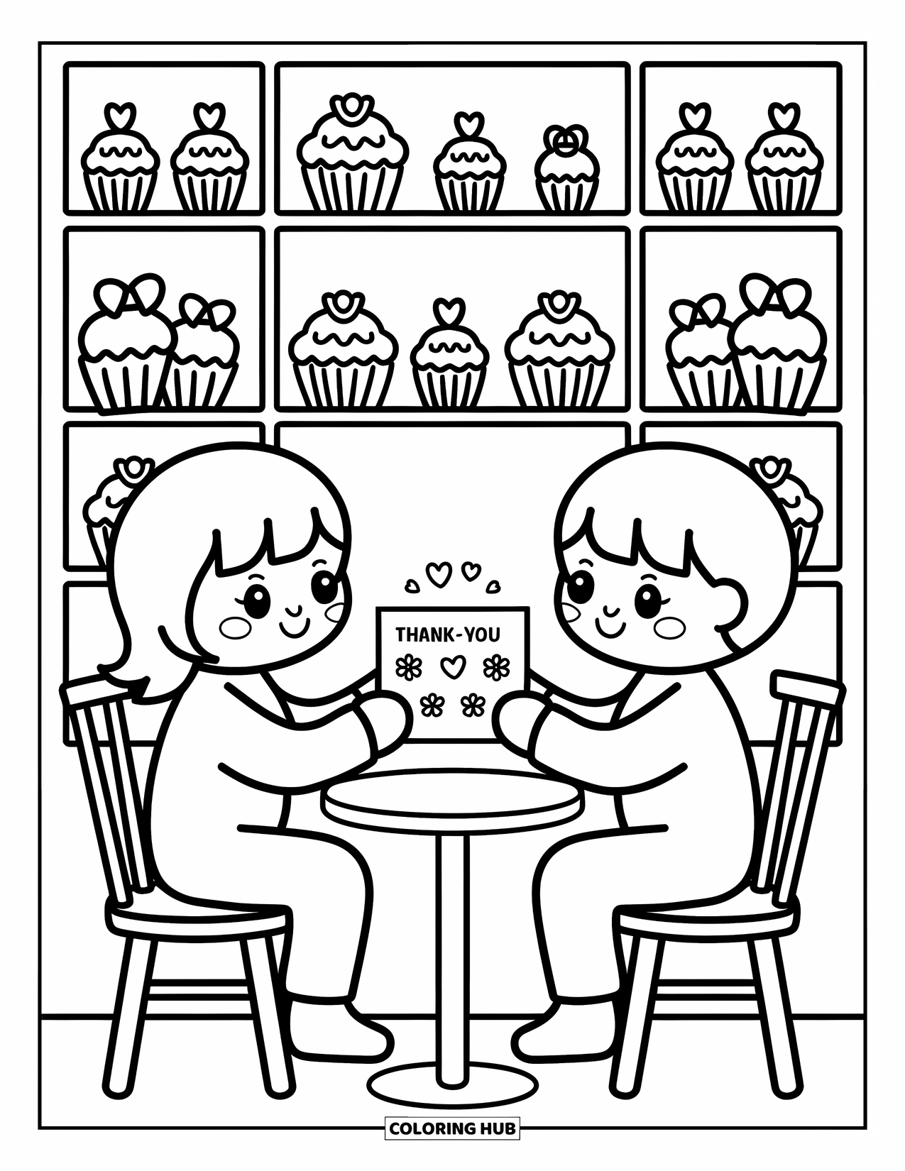 Thank You Coloring Page for Adults: Two friends sit at a café table exchanging a thank-you card with hearts and flowers