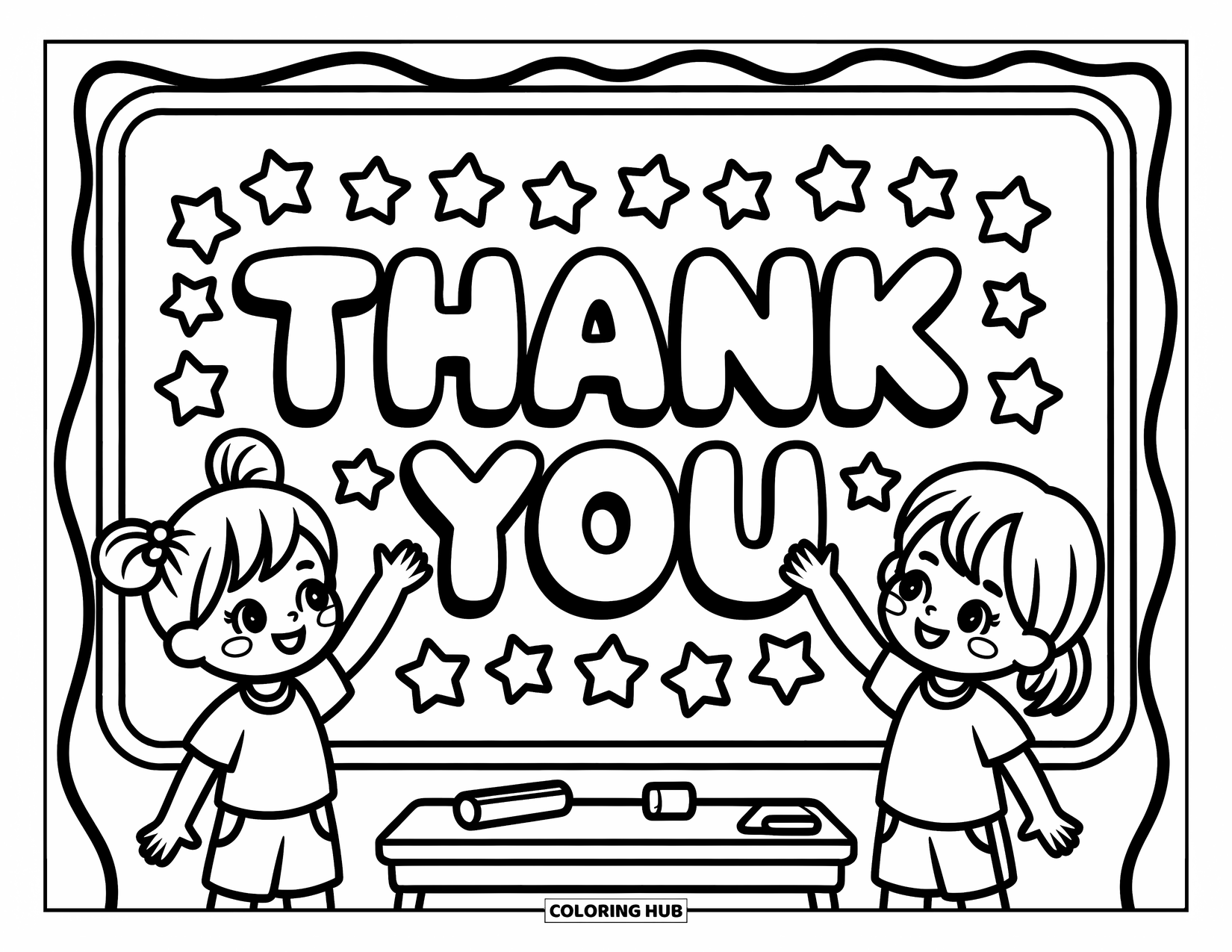 Thank You Coloring Page for Adults: Two kids draw around a chalkboard that says "Thank You" with stars and cheerful doodles