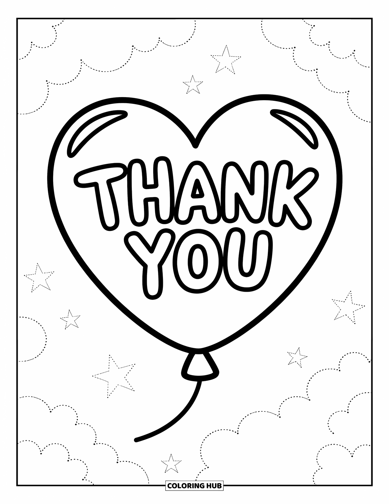 Thank You Coloring Page for Kids: A balloon shaped like a heart carries "Thank You" with stars and clouds floating softly behind