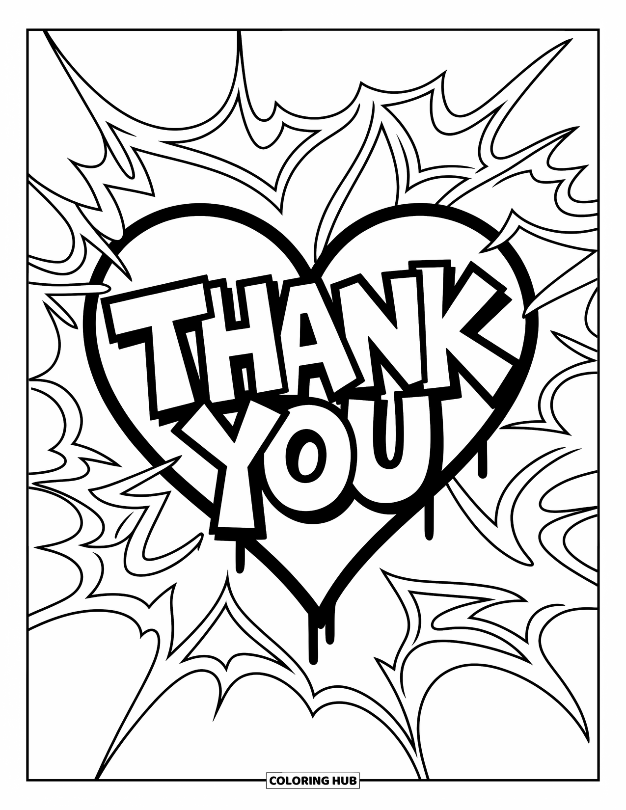Thank You Coloring Page for Kids: A blocky "Thank You" fills a graffiti heart, surrounded by modern swirls and street-style flair