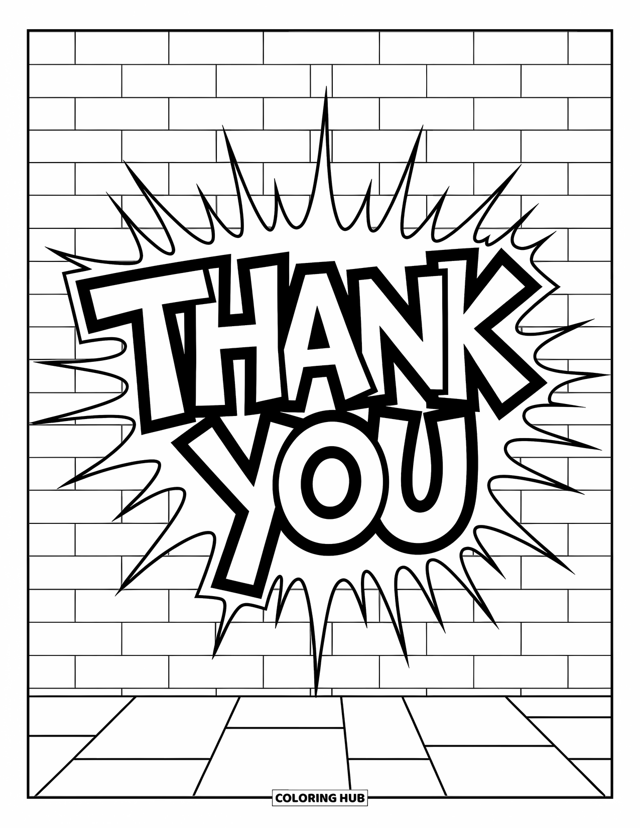 Thank You Coloring Page for Kids: A bold graffiti wall shows "Thank You" in playful lettering with expressive movement