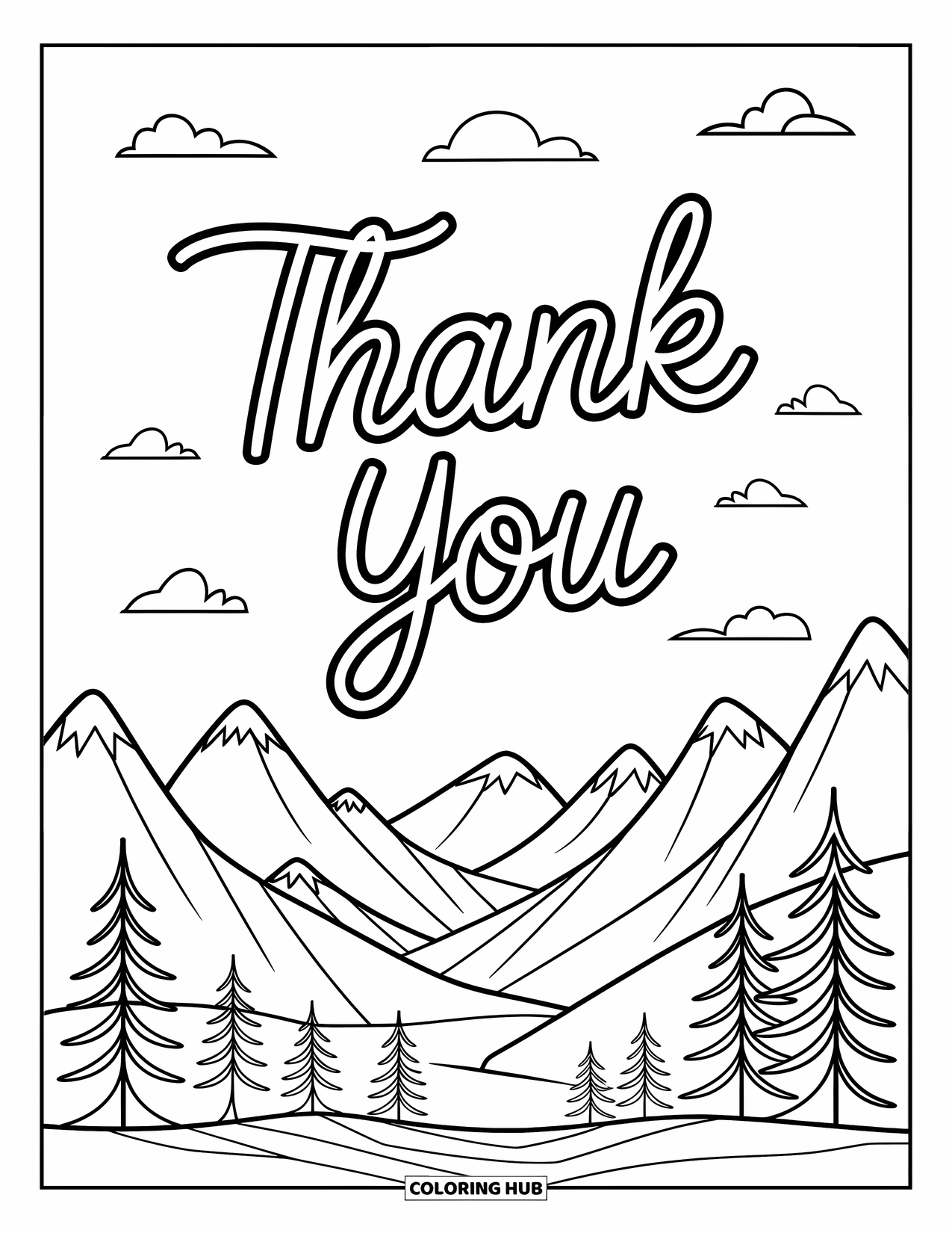 Thank You Coloring Page for Kids: A calm mountain view with "Thank You" in the sky and a few whimsical touches