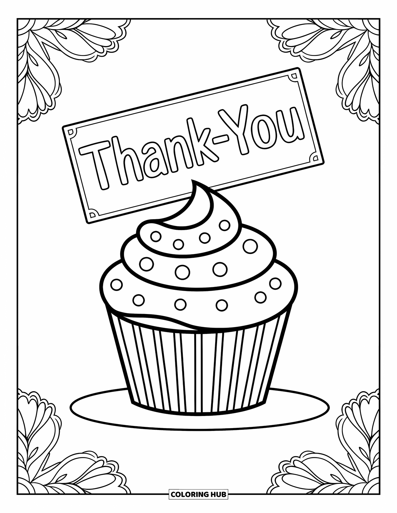 Thank You Coloring Page for Kids: A cheerful cupcake holds a thank-you note with big, friendly shapes all around