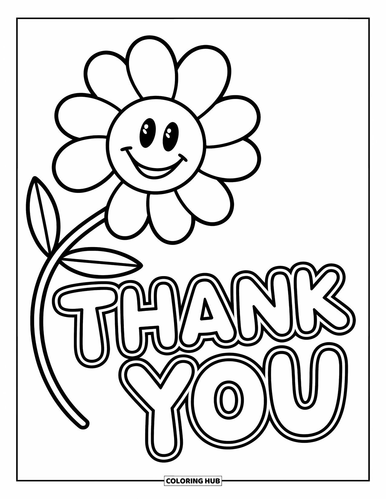 Thank You Coloring Page for Kids: A cheerful flower bends beside "Thank You" letters, full of joy and ready to be colored