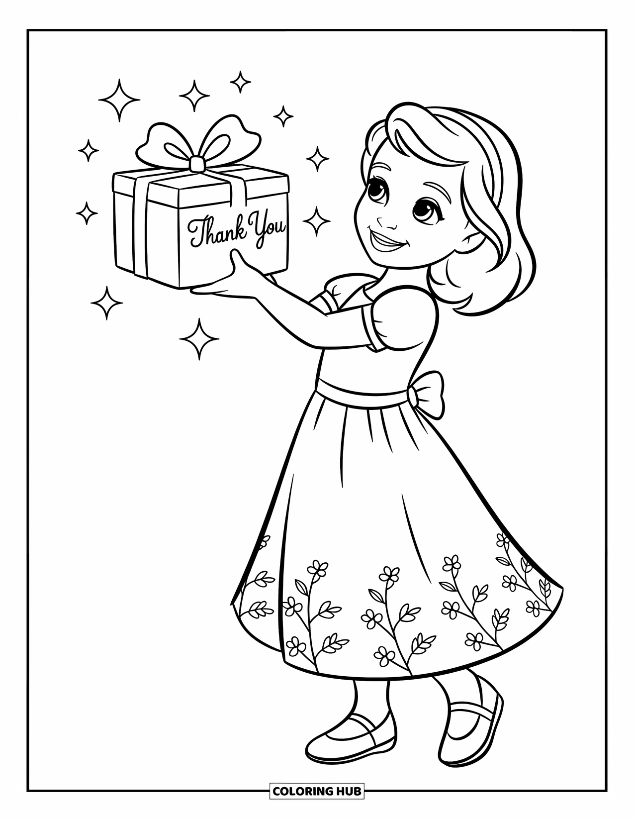 Thank You Coloring Page for Kids: A cheerful girl holds out a thank-you gift with floral patterns and playful stars floating nearby