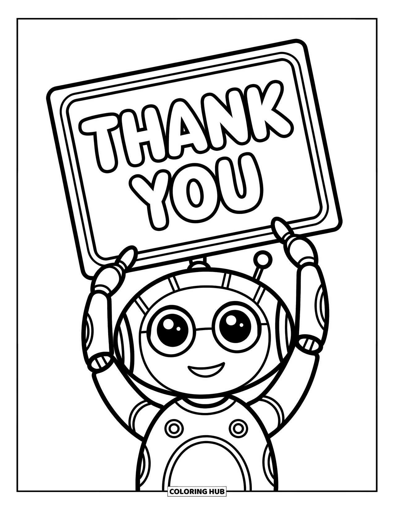 Thank You Coloring Page for Kids: A cheerful robot holds a screen that says "Thank You" with bolts and a cute antenna
