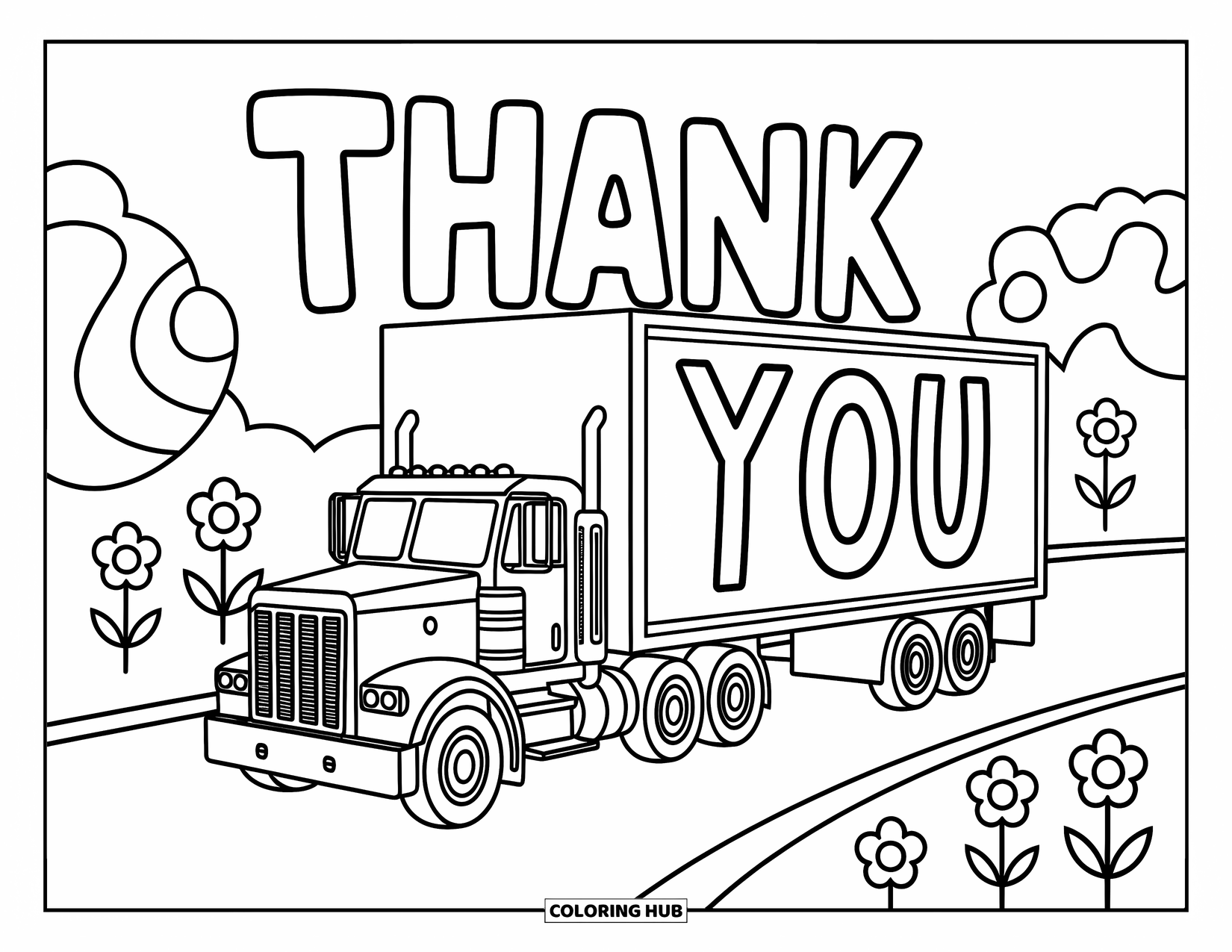Thank You Coloring Page for Kids: A cheerful truck rolls by with a giant "Thank You" and flowers lining the road