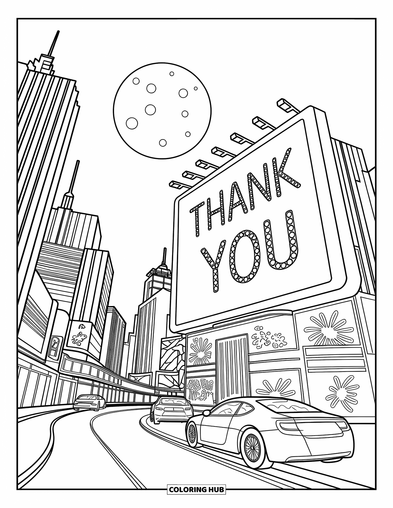 Thank You Coloring Page for Kids: A city skyline shines under the moon with "Thank You" glowing on a digital billboard