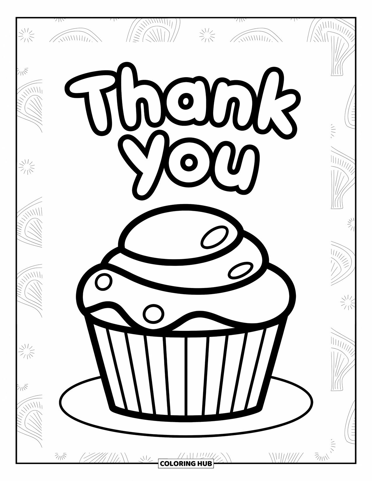 Thank You Coloring Page for Kids: A cupcake with "Thank You" on top sits ready to be colored with love and joy