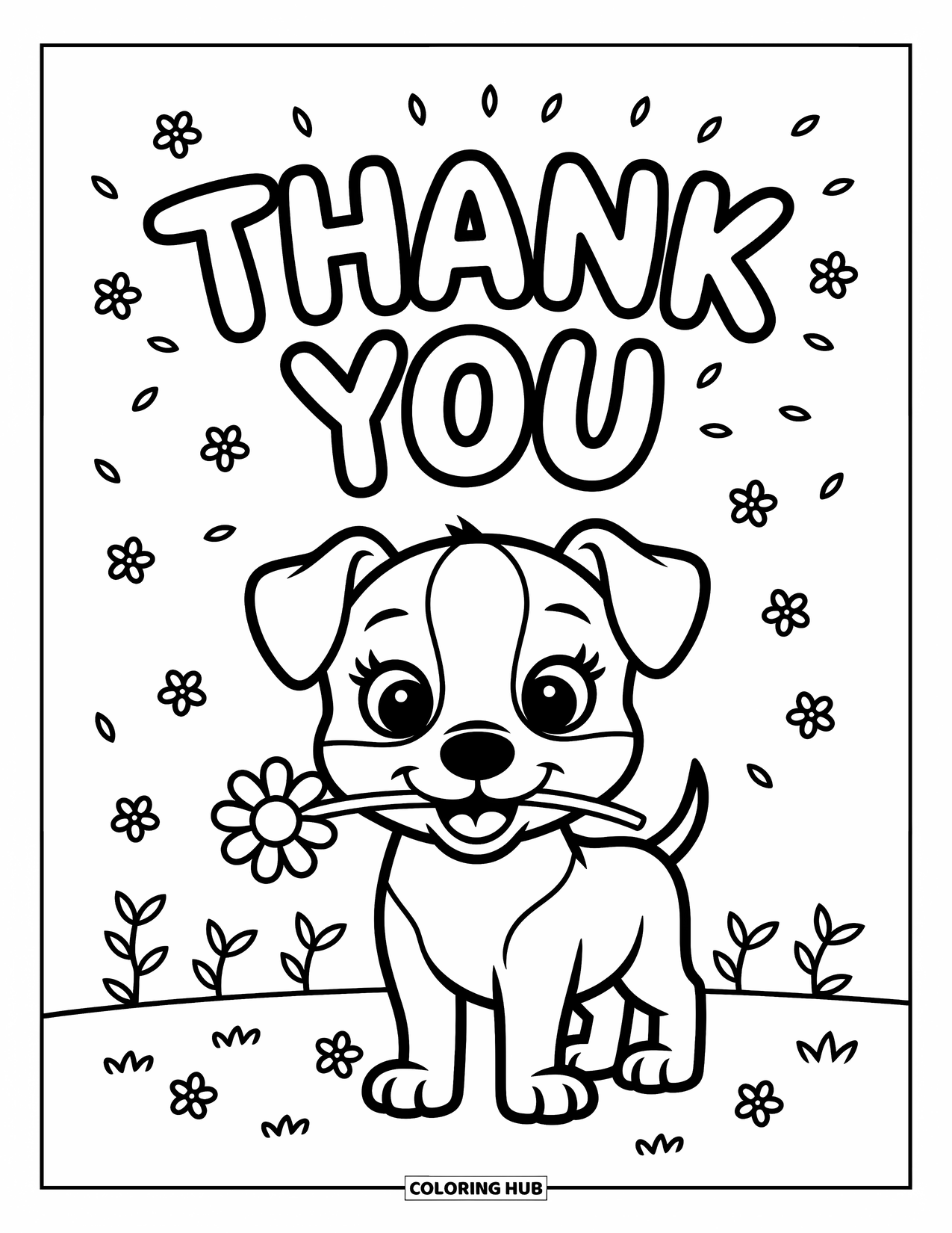 Thank You Coloring Page for Kids: A cute puppy holds a flower with "Thank You" written above, surrounded by swirls and blooms