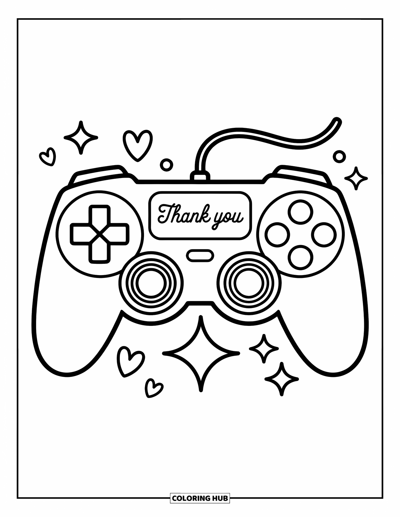 Thank You Coloring Page for Kids: A game controller glows with "Thank You" in cursive, surrounded by stars and cheerful shapes