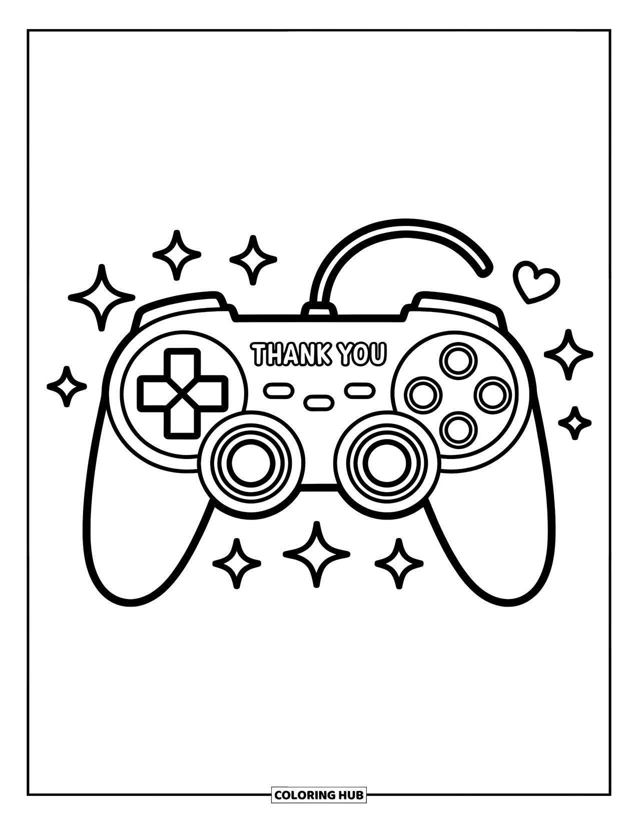 Thank You Coloring Page for Kids: A game controller shows "Thank You" on its buttons with stars and hearts floating around