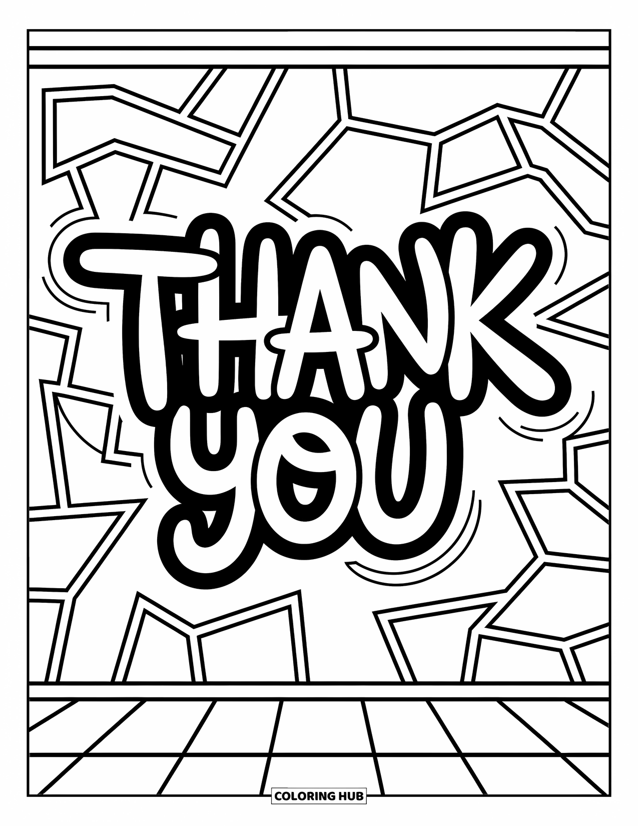 Thank You Coloring Page for Kids: A graffiti wall features "Thank You" in bold, lively letters with geometric shapes behind it