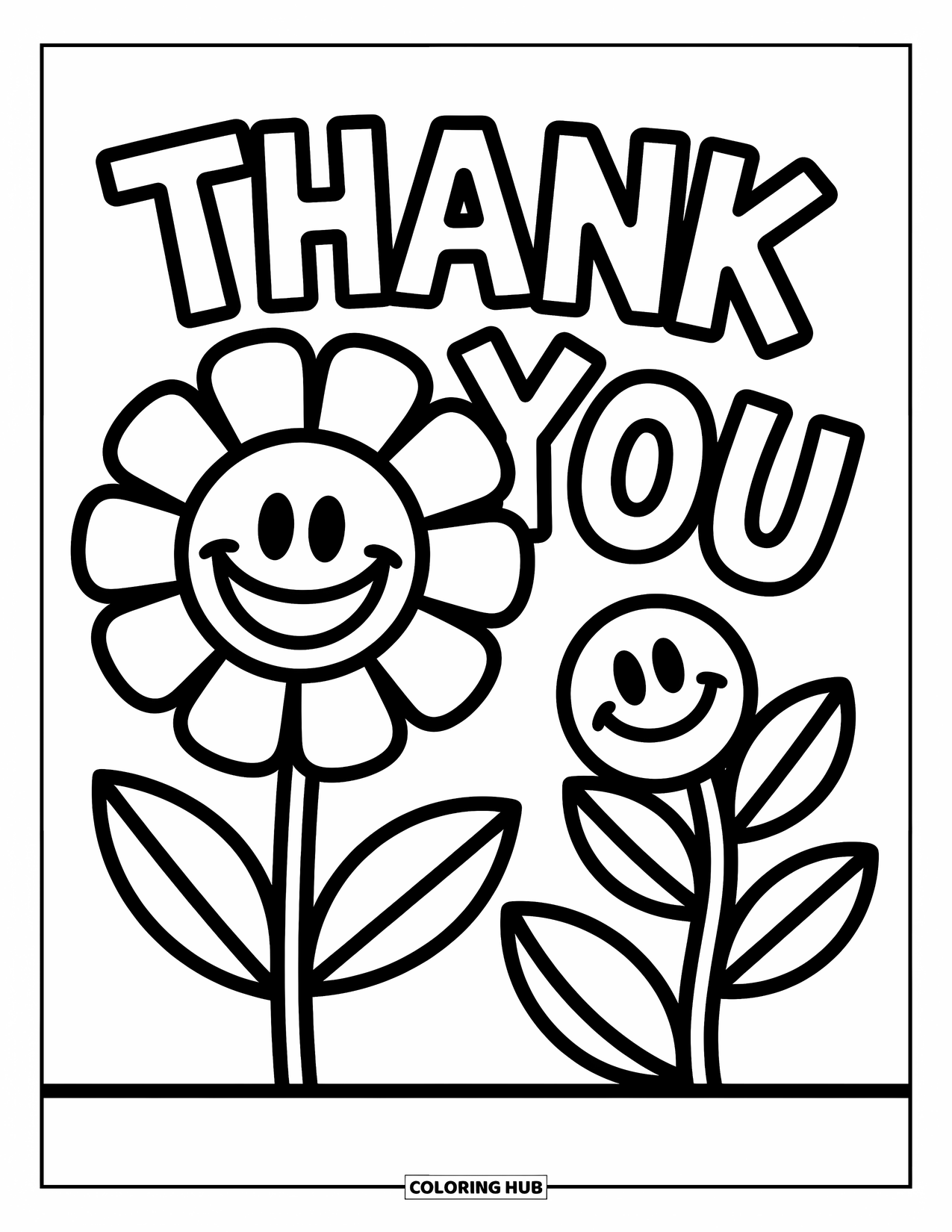 Thank You Coloring Page for Kids: A happy flower blooms next to bold "Thank You" letters in a fun, joyful scene