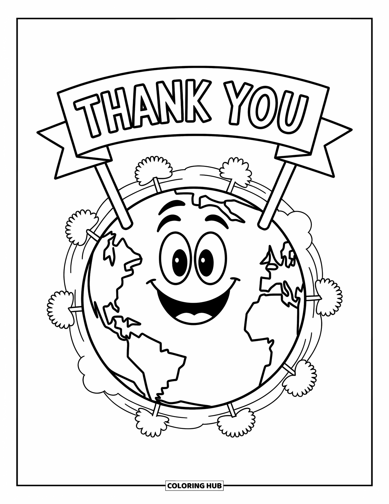 Thank You Coloring Page for Kids: A happy planet lifts a "Thank You" sign with tiny trees and landmarks on its surface