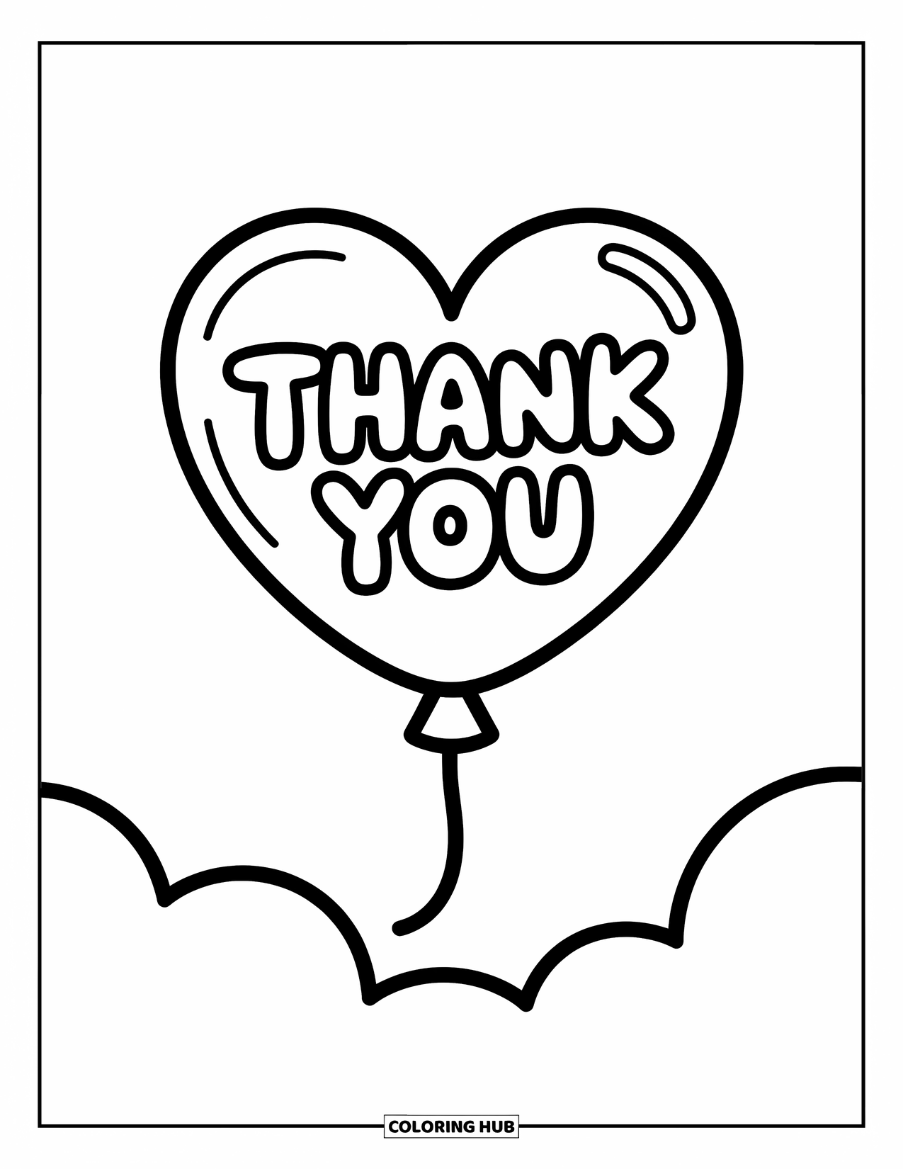Thank You Coloring Page for Kids: A heart balloon floats gently with "Thank You" written in bubbly letters at its center