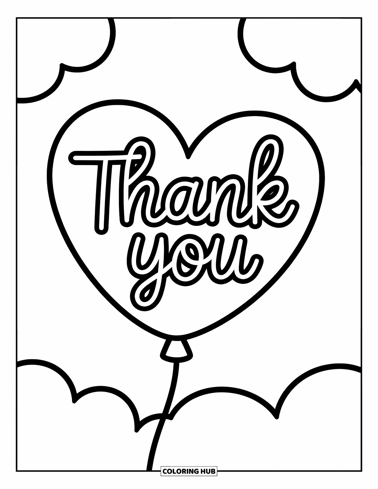 Thank You Coloring Page for Kids: A heart balloon floats with "Thank You" inside, ready for little artists to fill with joy