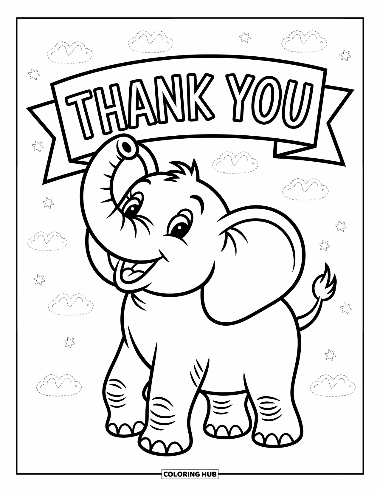 Thank You Coloring Page for Kids: A joyful elephant holds up a "Thank You" banner with stars and clouds floating nearby