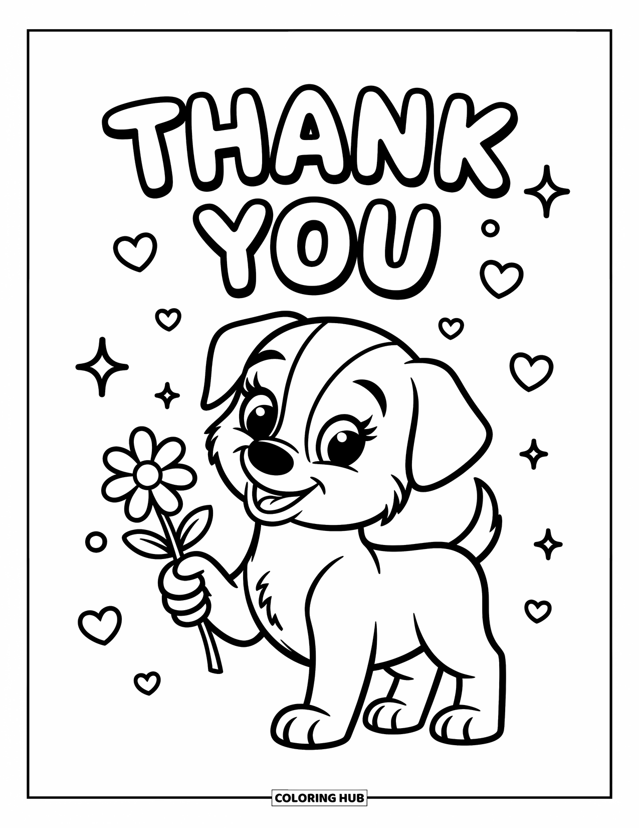 Thank You Coloring Page for Kids: A joyful puppy holds a flower beneath "Thank You" with tiny stars and hearts all around