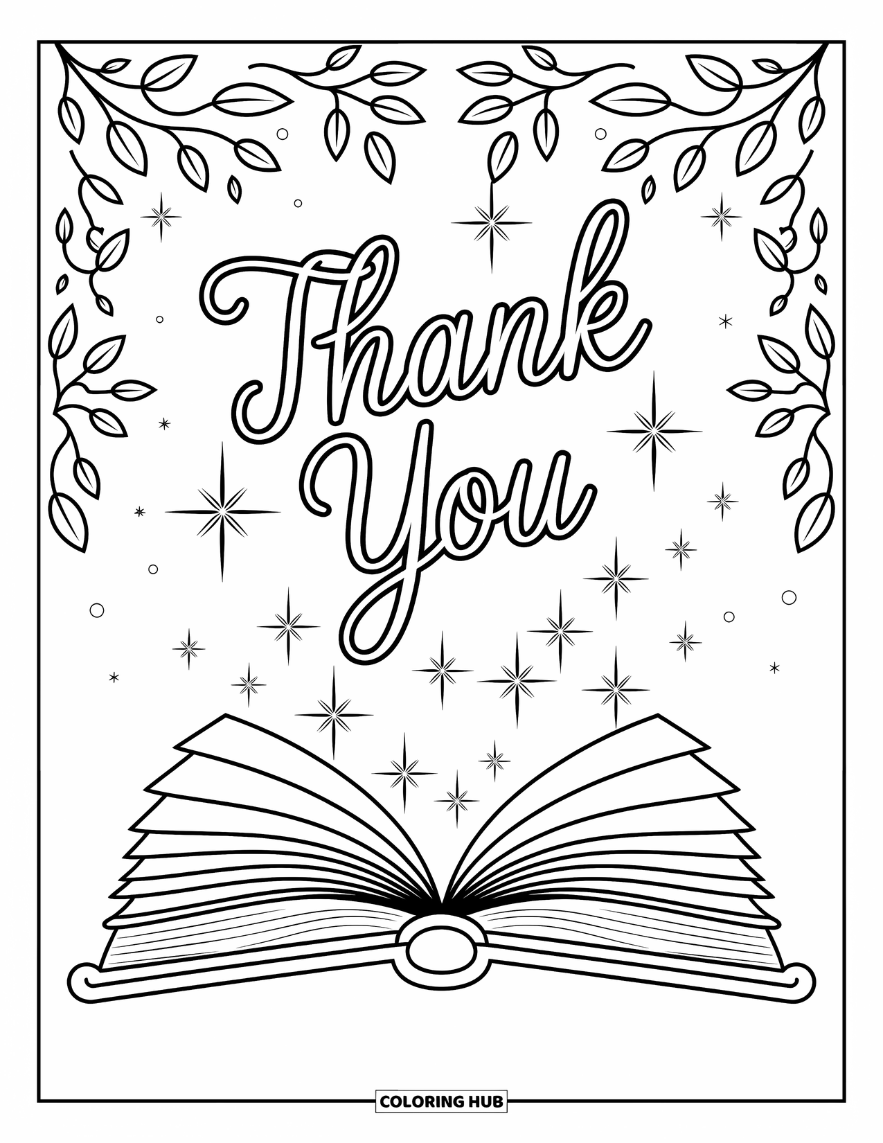 Thank You Coloring Page for Kids: A magical book opens as "Thank You" rises from sparkling pages with stars and leaves around