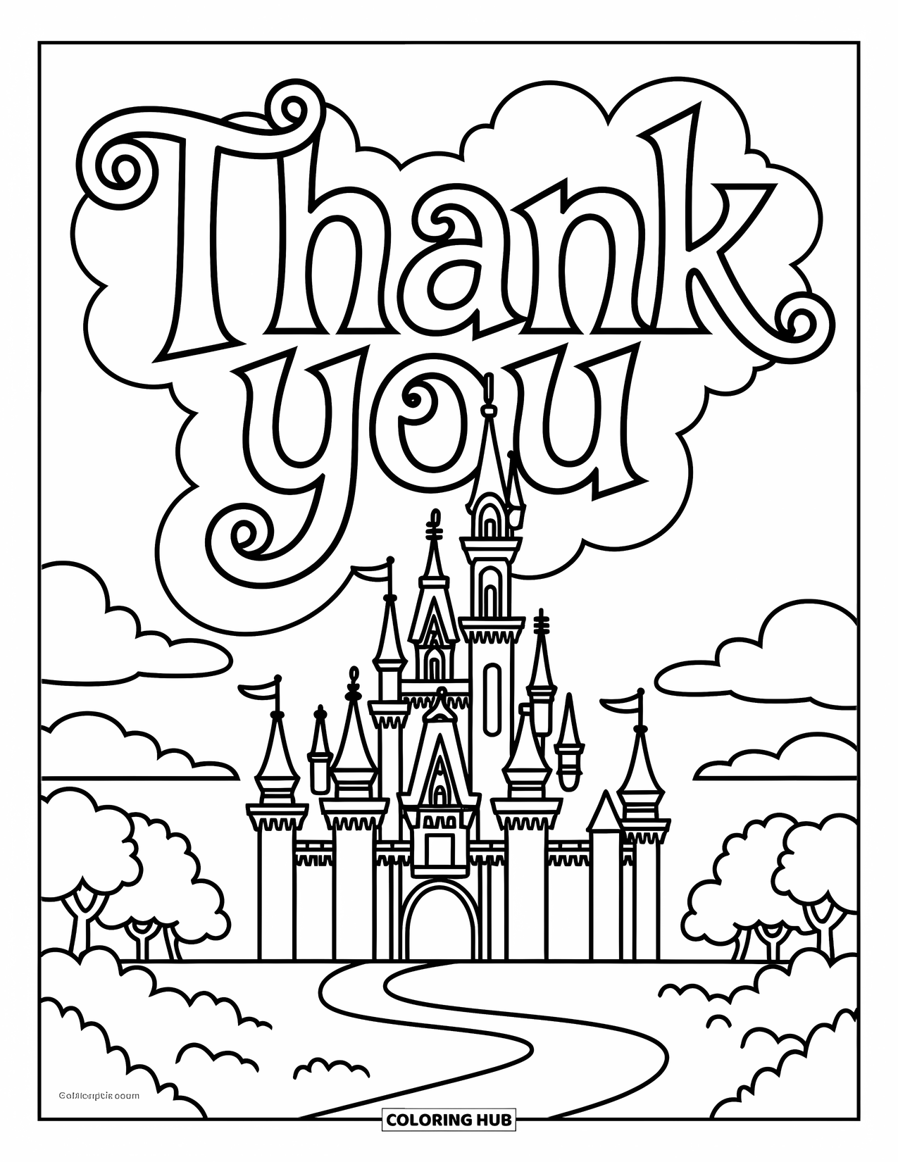 Thank You Coloring Page for Kids: A magical castle rises beneath swirling clouds that spell out "Thank You