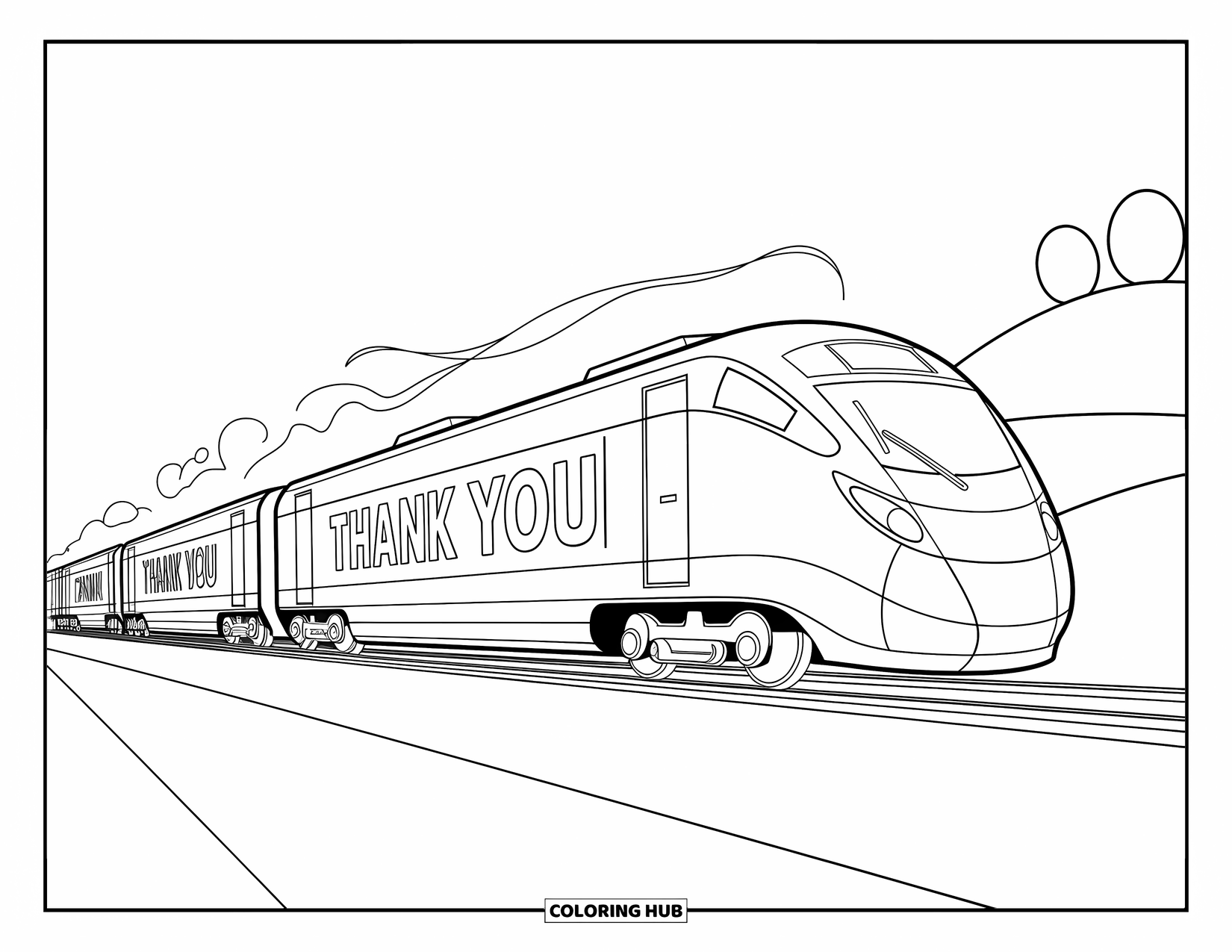 Thank You Coloring Page for Kids: A moving train displays "Thank You" as it rushes past hills, trees, and curling smoke