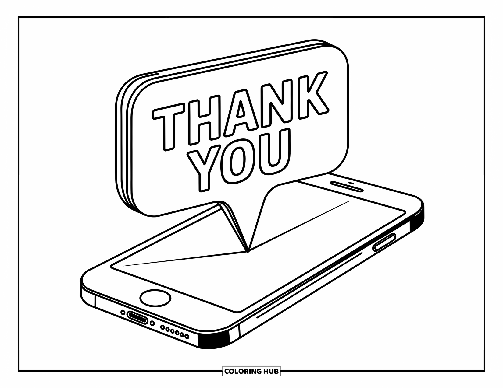 Thank You Coloring Page for Kids: A phone displays "Thank You" in a message with playful patterns swirling around it
