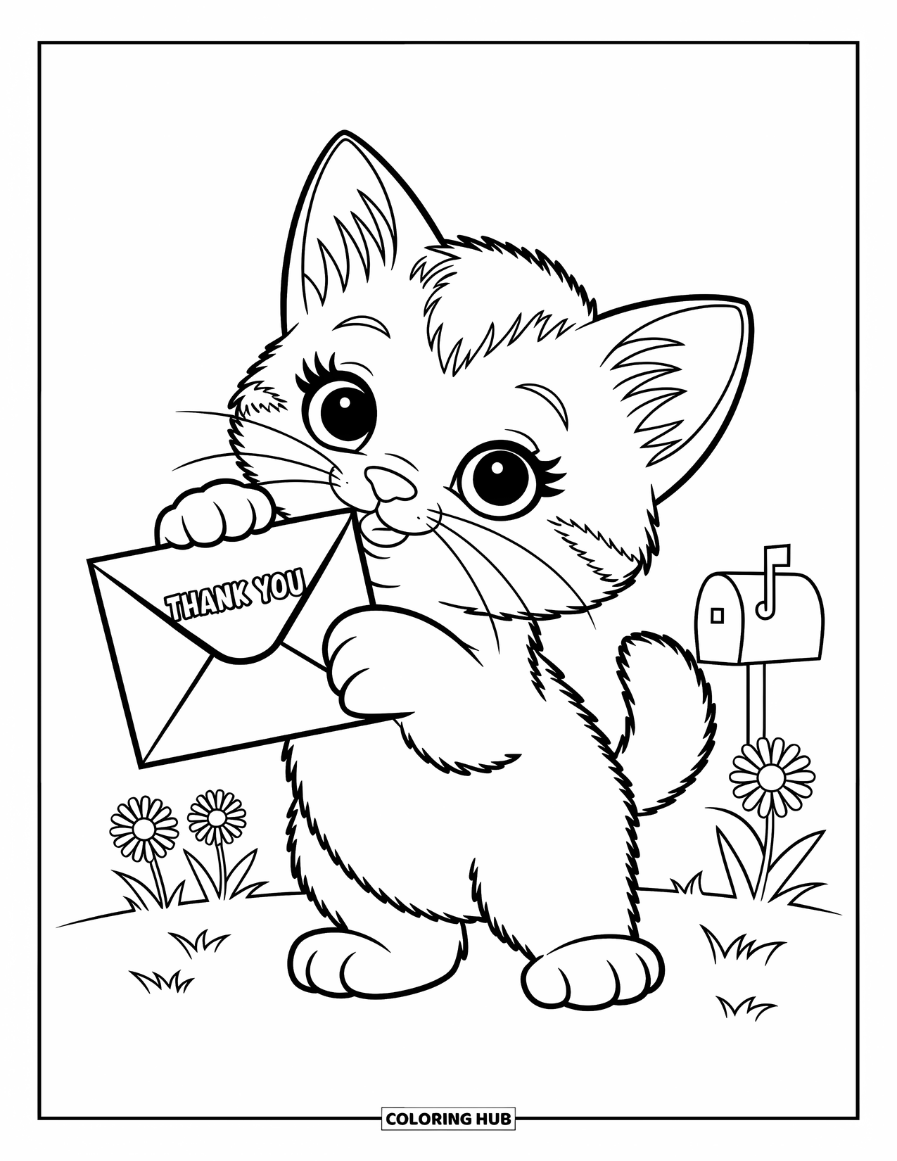 Thank You Coloring Page for Kids: A playful kitten holds a "Thank You" note near daisies and a tiny mailbox