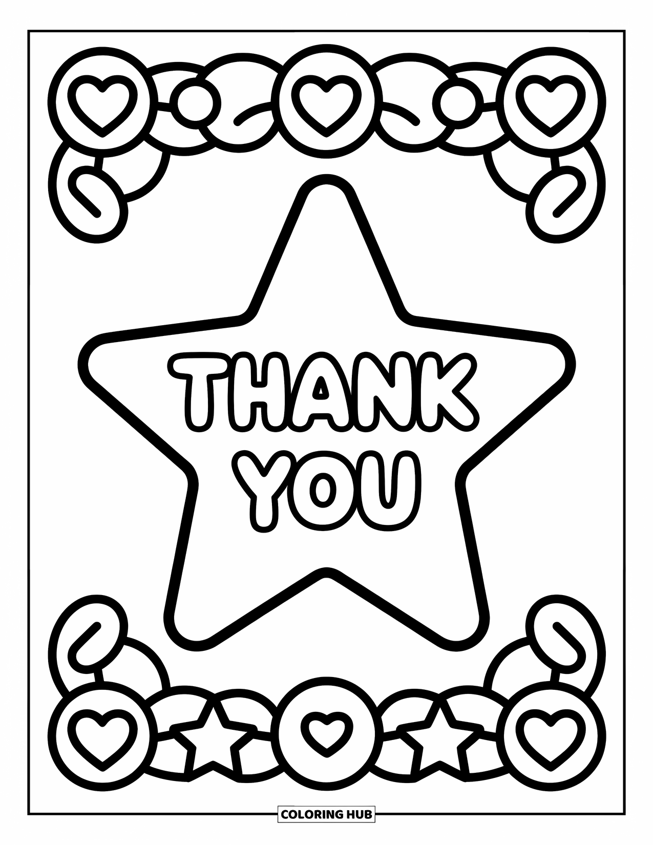 Thank You Coloring Page for Kids: A playful star shows "Thank You" at its center with hearts and circles all around