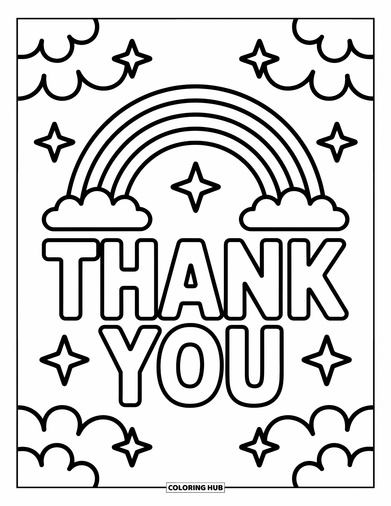Thank You Coloring Page for Kids: A rainbow stretches over "Thank You" as stars and clouds create a happy little scene