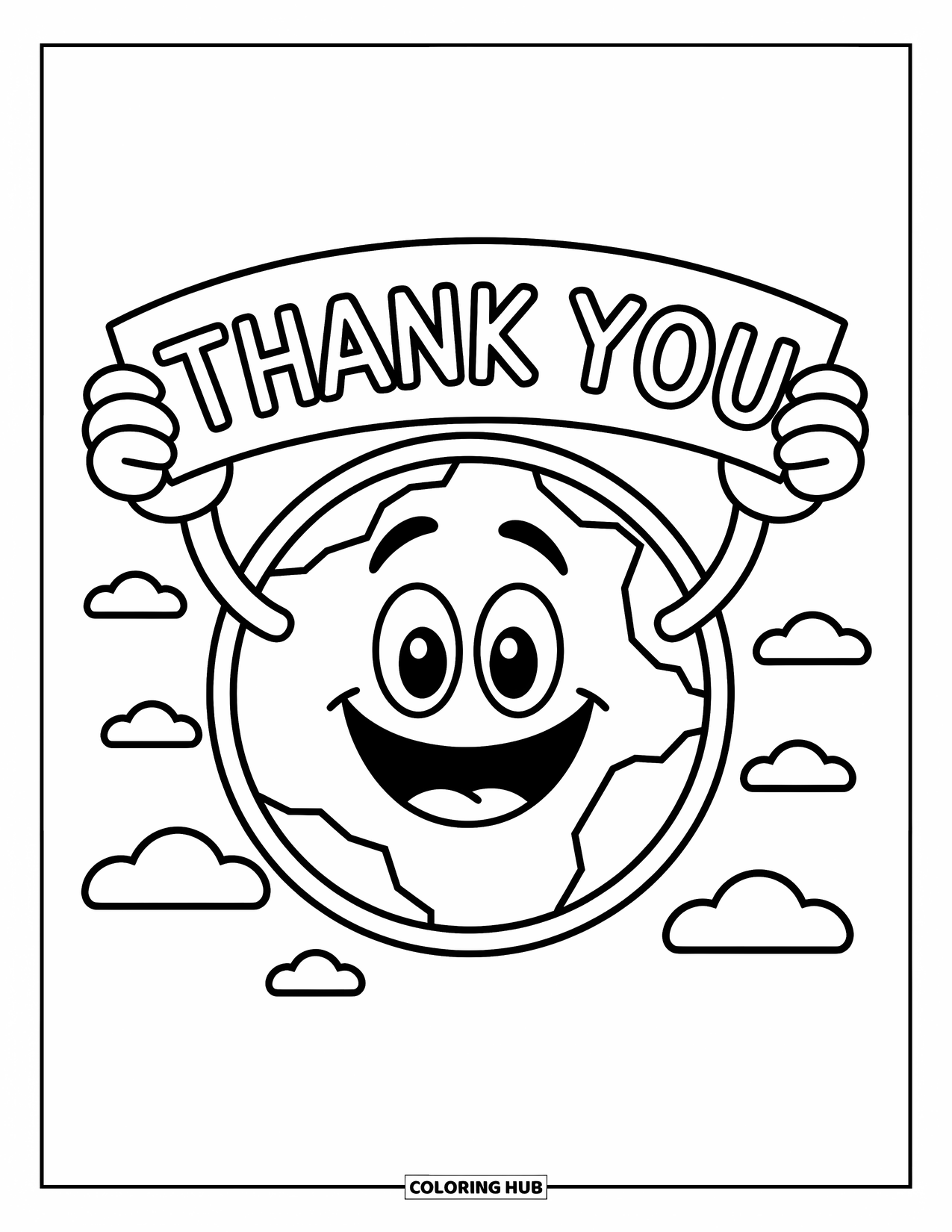 Thank You Coloring Page for Kids: A smiling planet holds a "Thank You" banner with trees and clouds on its surface