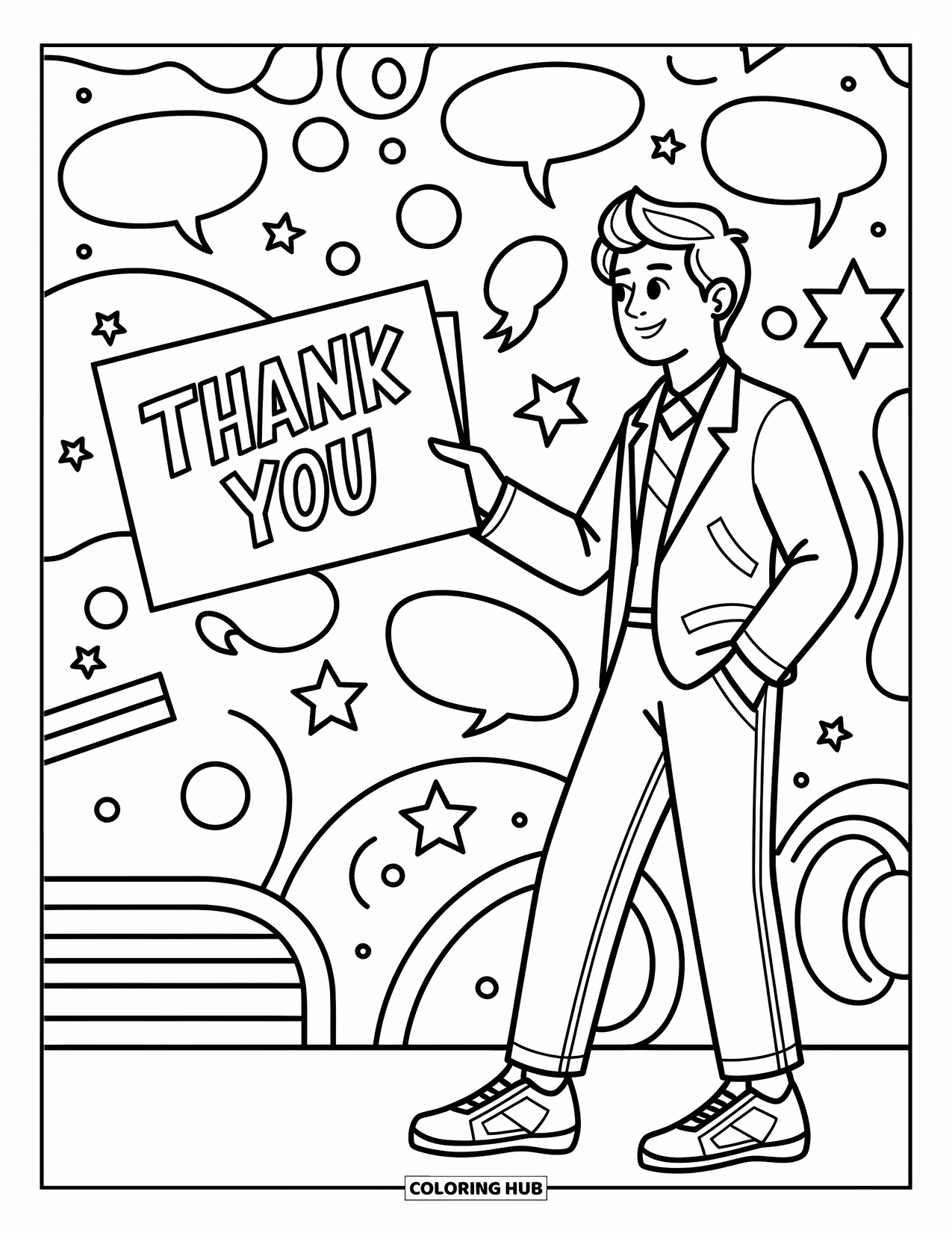 Thank You Coloring Page for Kids: A stylish teen shares a note with "Thank You" and fun shapes floating around