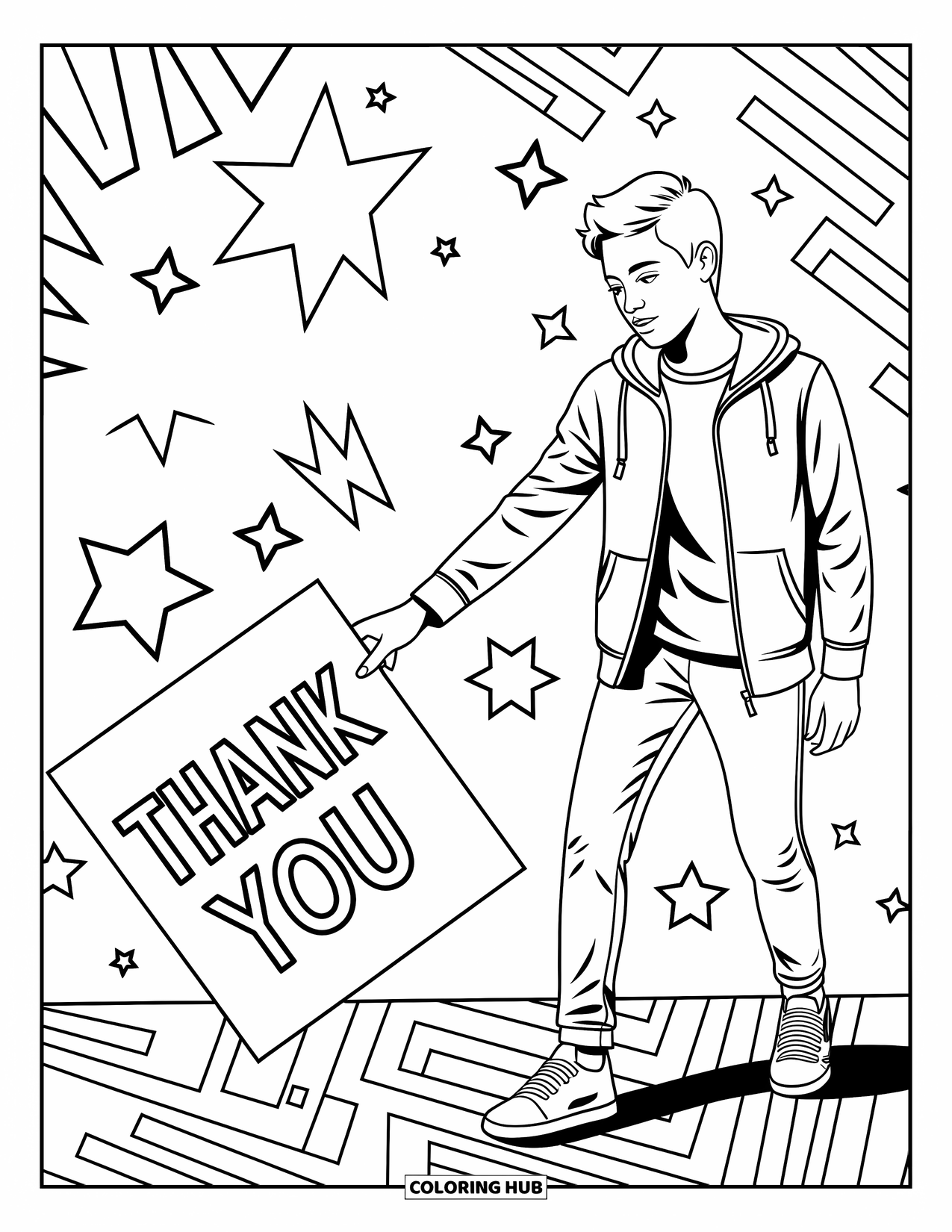 Thank You Coloring Page for Kids: A teen hands over a thank-you note with stars and playful shapes swirling around them