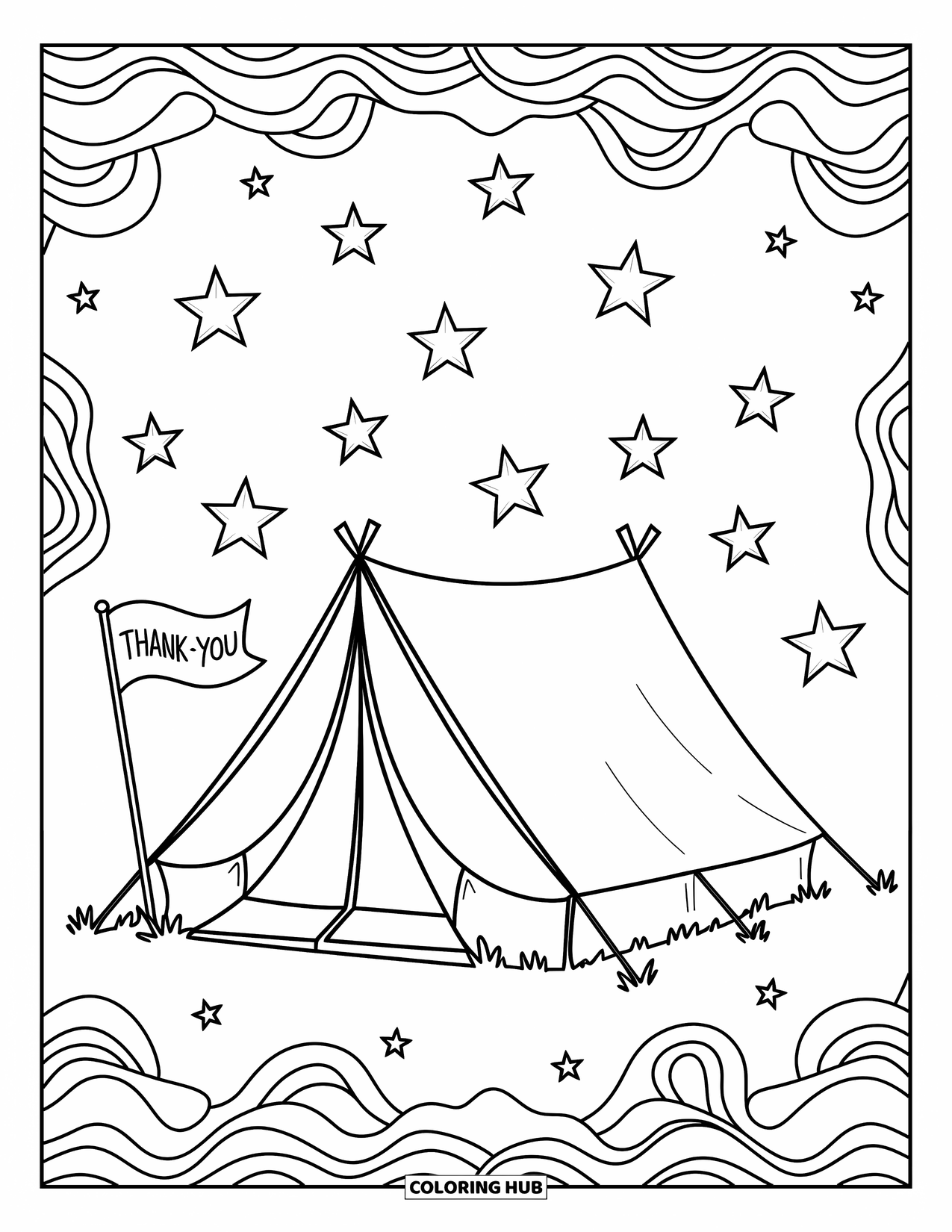 Thank You Coloring Page for Kids: A tent stands under a starry sky with a small flag that says "Thank You