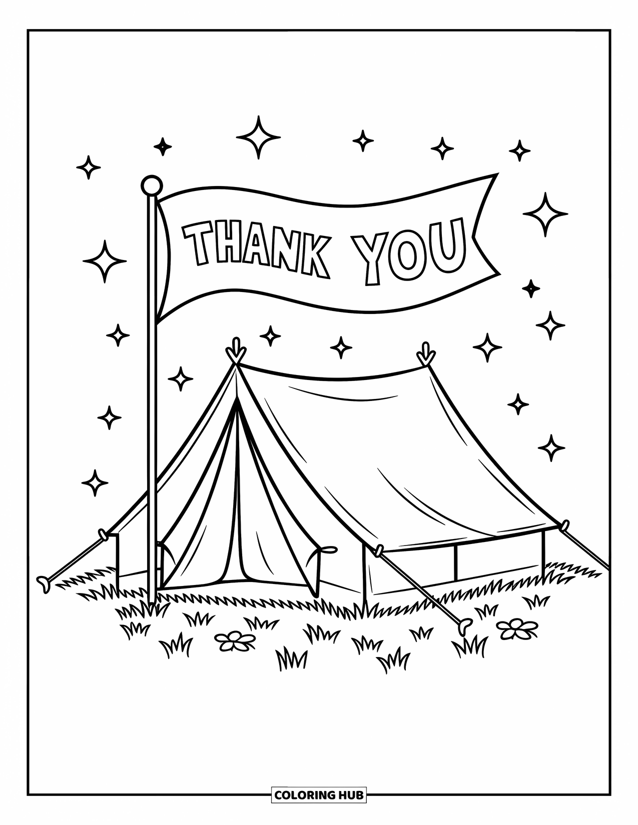 Thank You Coloring Page for Kids: A thank-you flag waves beside a tent as stars twinkle above in a peaceful scene