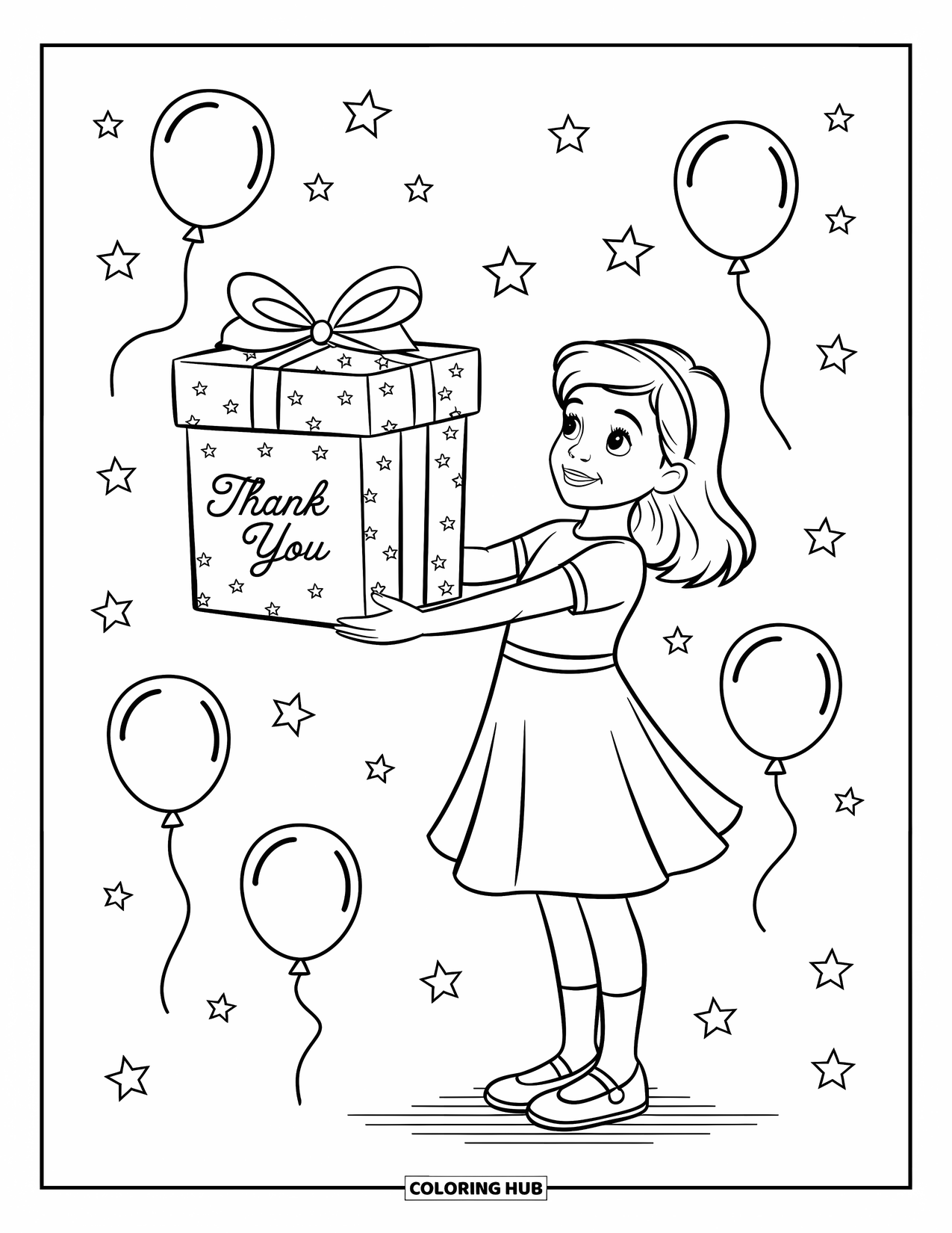 Thank You Coloring Page for Kids: A young girl presents a thank-you gift with balloons and stars floating in the air