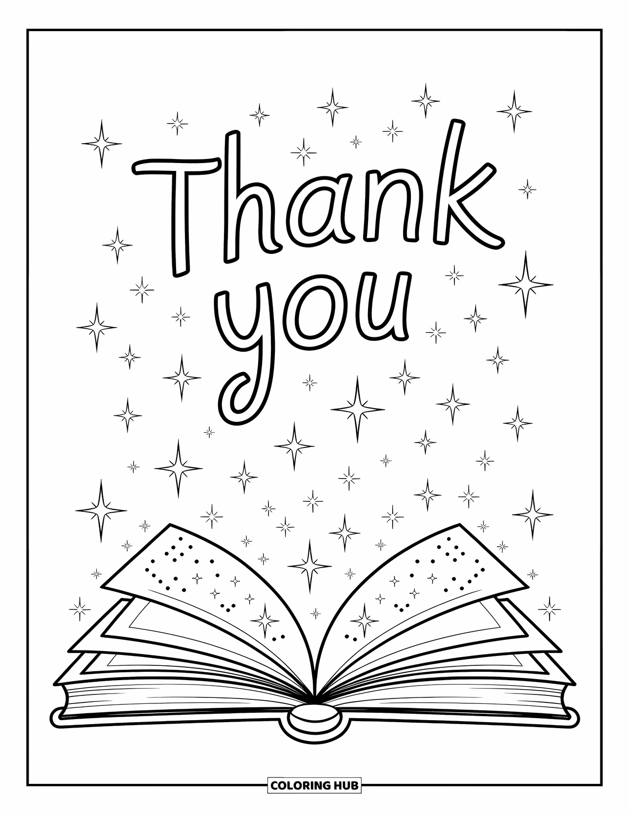 Thank You Coloring Page for Kids: An enchanted book reveals "Thank You" floating above sparkling pages and tiny magical details