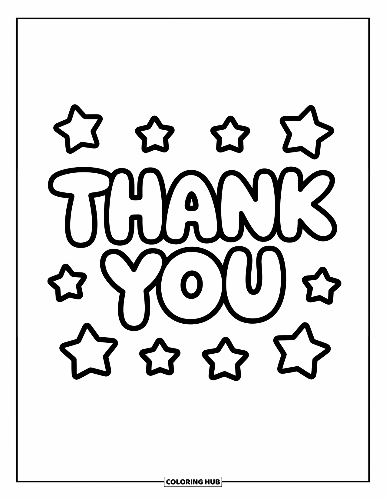 Thank You Coloring Page for Kids: Big bubble letters spell "Thank You" with stars dancing playfully all around