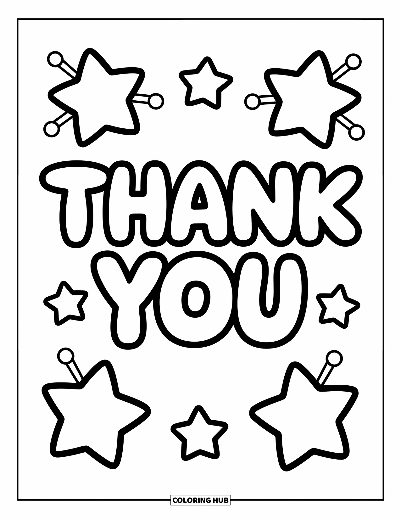 Thank You Coloring Page for Kids: Bubble letters say "Thank You" in the center with stars swirling all around
