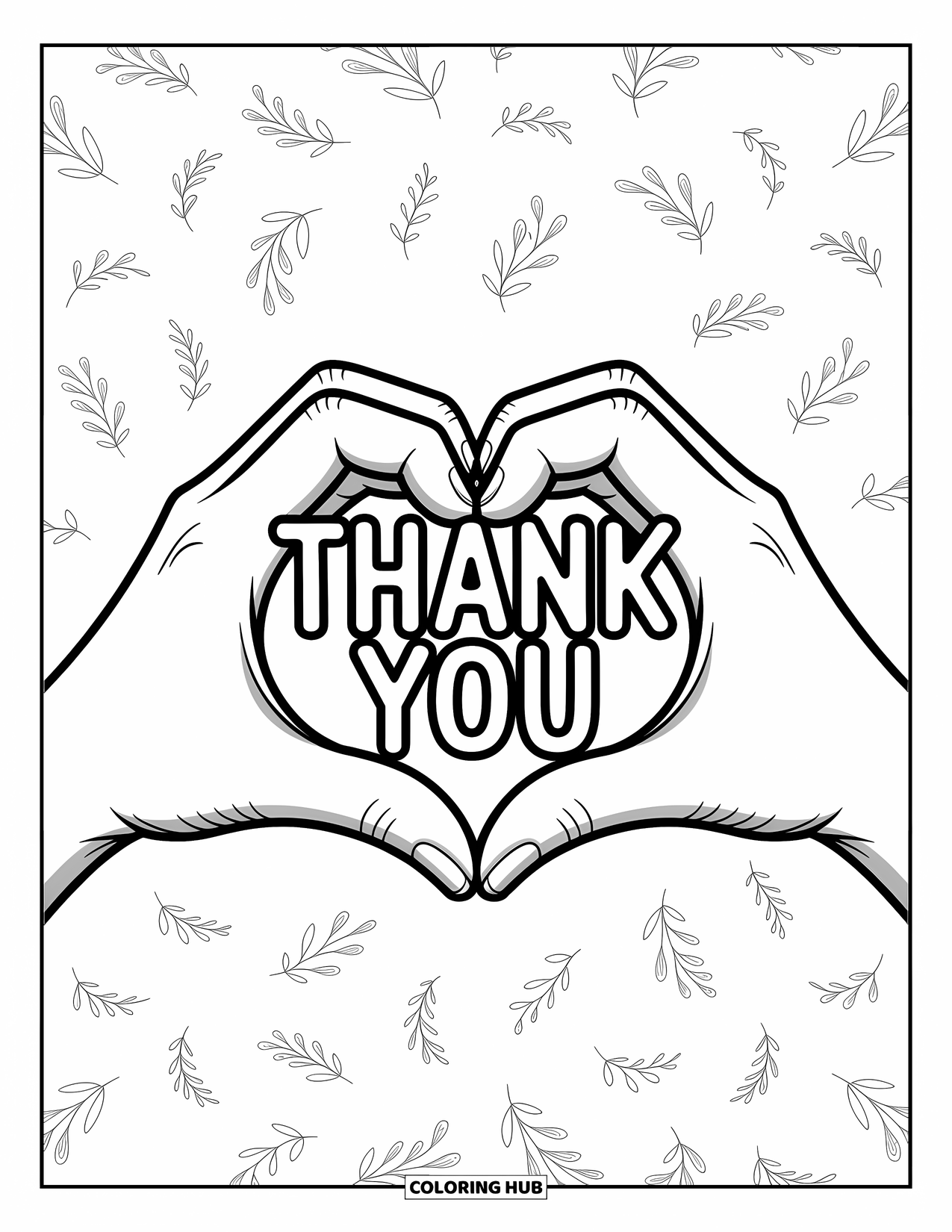 Thank You Coloring Page for Kids: Hands form a heart around "Thank You" with floating patterns adding a sweet touch