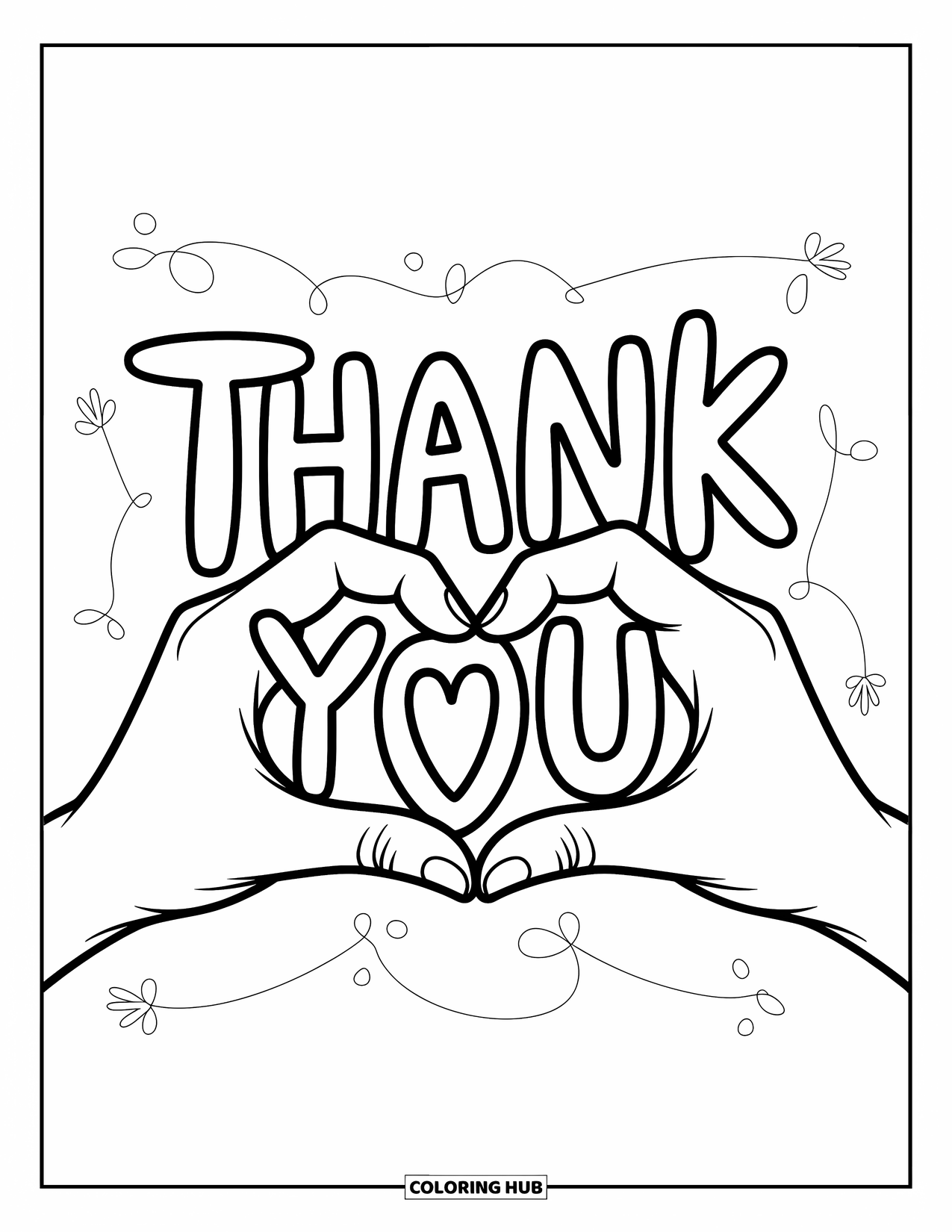 Thank You Coloring Page for Kids: Hands form a heart over "Thank You" with fun shapes dancing in the background