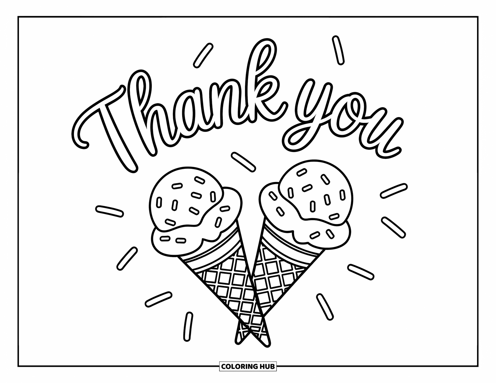 Thank You Coloring Page for Kids: Ice cream cones touch under "Thank You" with stars, swirls, and a playful summer feel