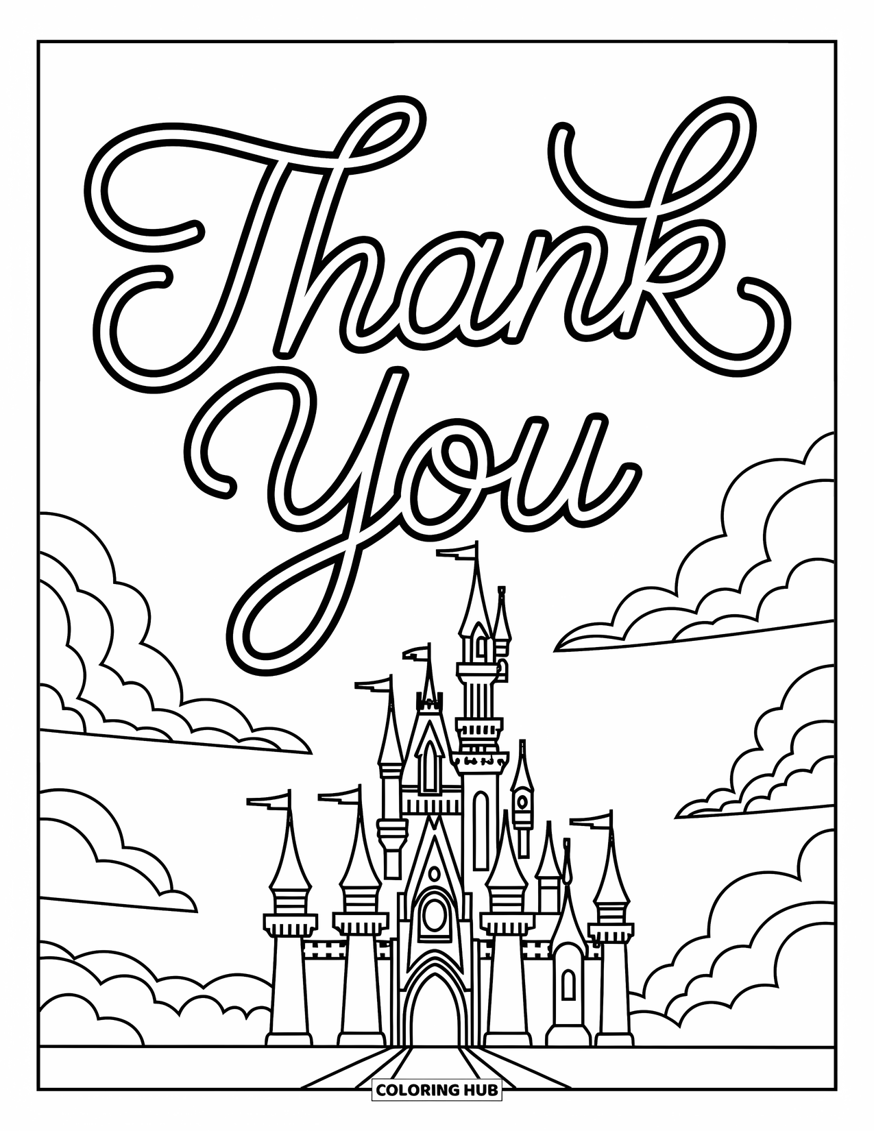 Thank You Coloring Page for Kids: Swirling clouds above a dreamy castle spell out "Thank You" in graceful script