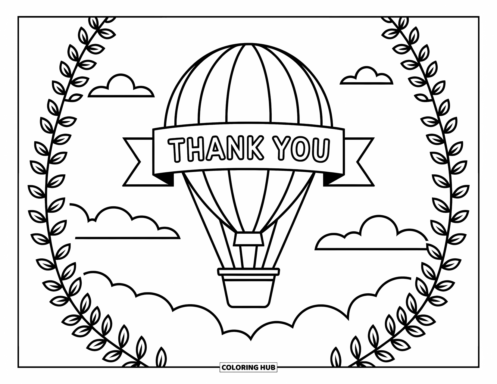 Thank You Coloring Page for Kids: "Thank You" hangs from a hot air balloon surrounded by gentle clouds and light floral swirls