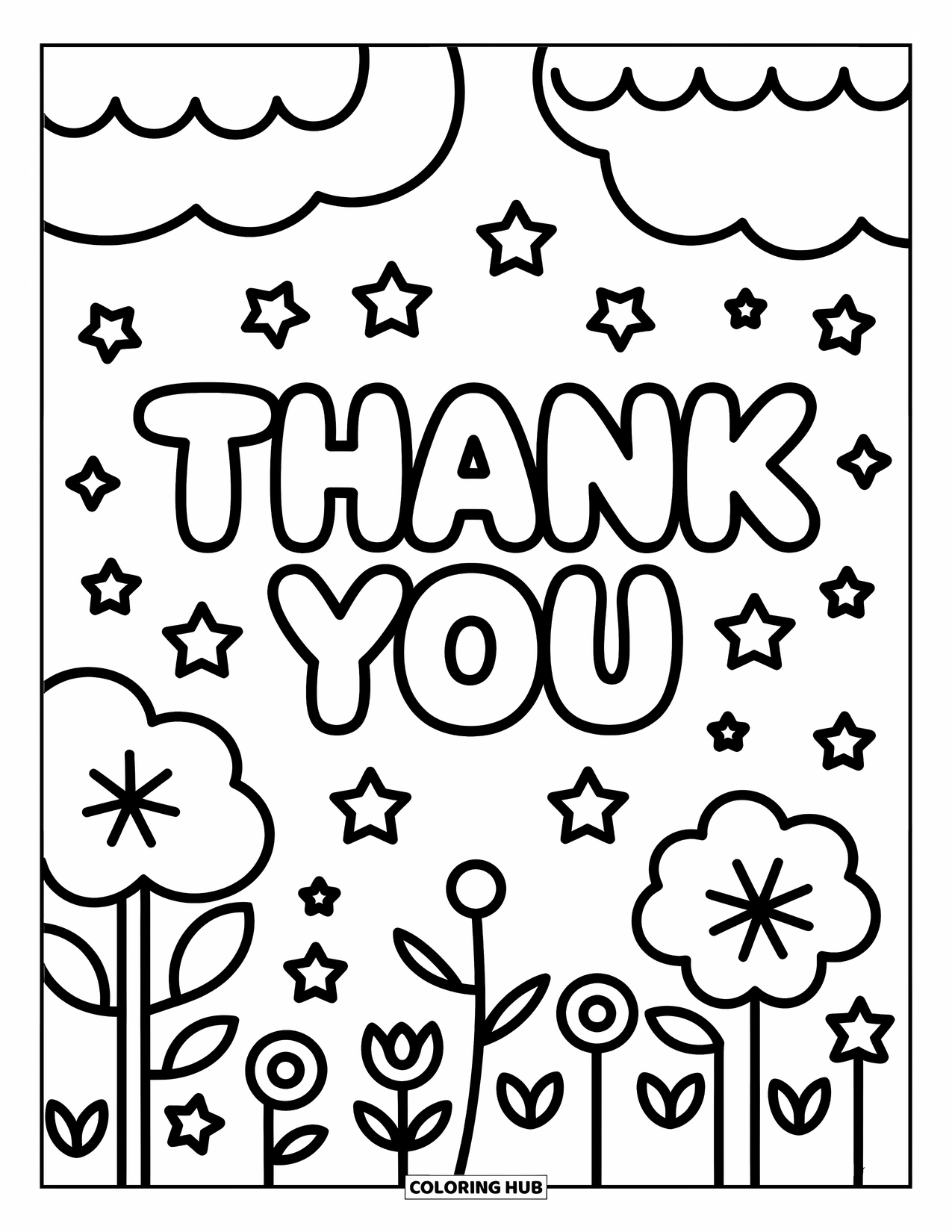 Thank You Coloring Page for Kids: "Thank You" pops in bubbly letters with stars and a friendly forest scene around it