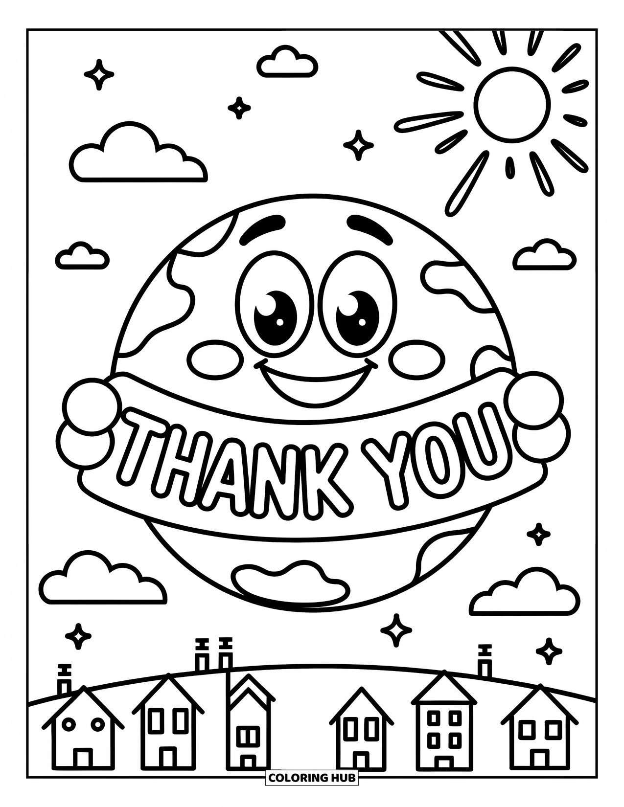 Thank You Coloring Page for Kids: "Thank You" shines on a banner held by a cheerful planet with clouds and little houses