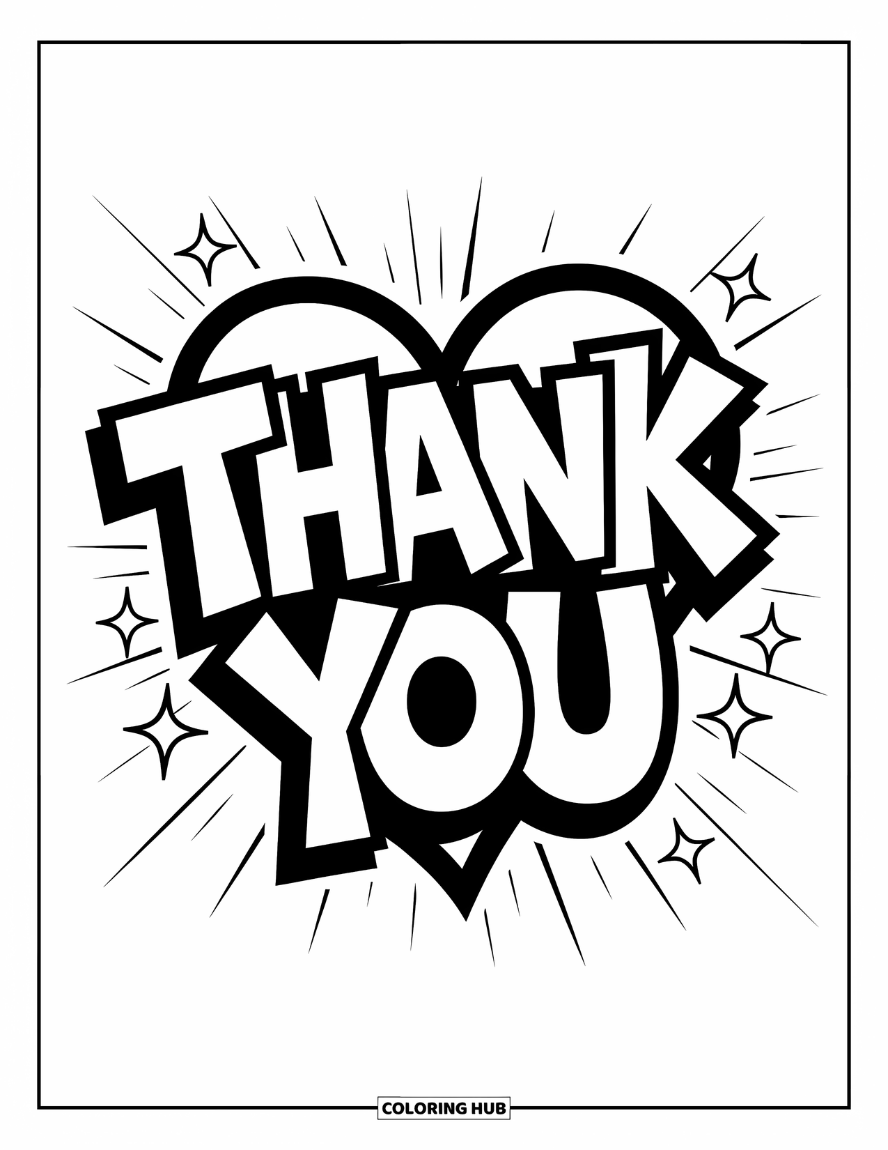 Thank You Coloring Page for Kids: "Thank You" stands bold under a graffiti heart with stars and geometric shapes around it